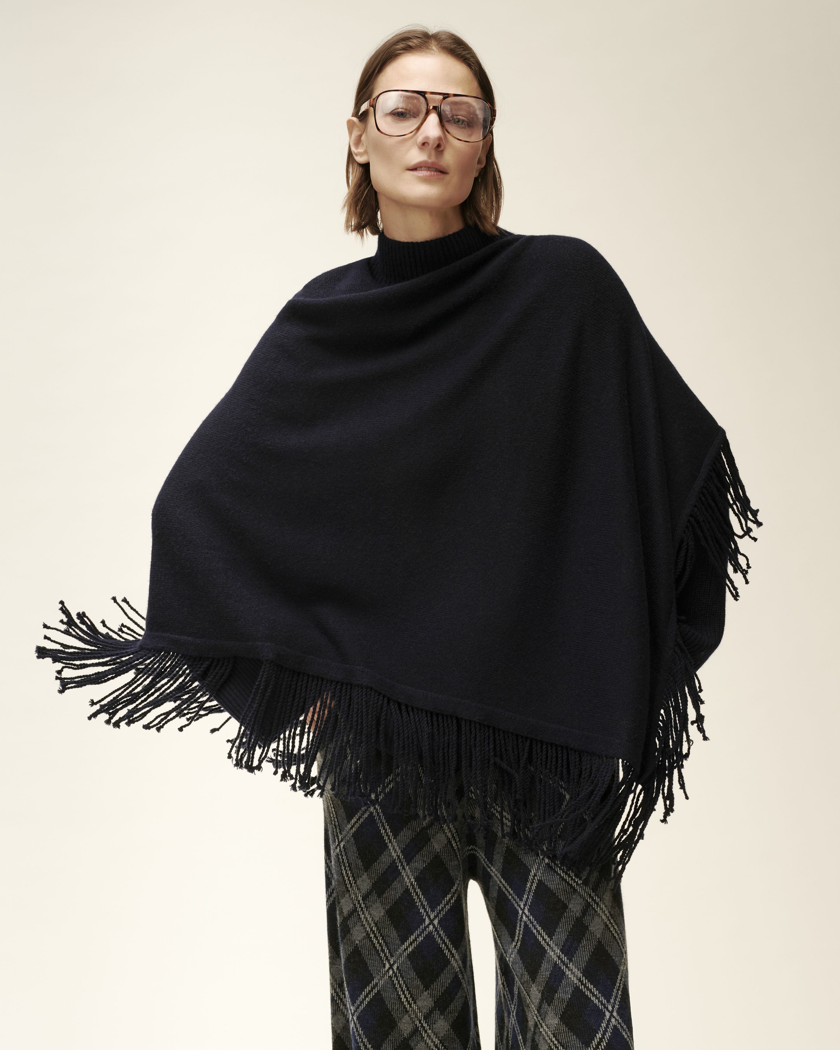 Fringed poncho in Cashmere, Wool Women navy blue Eric Bompard