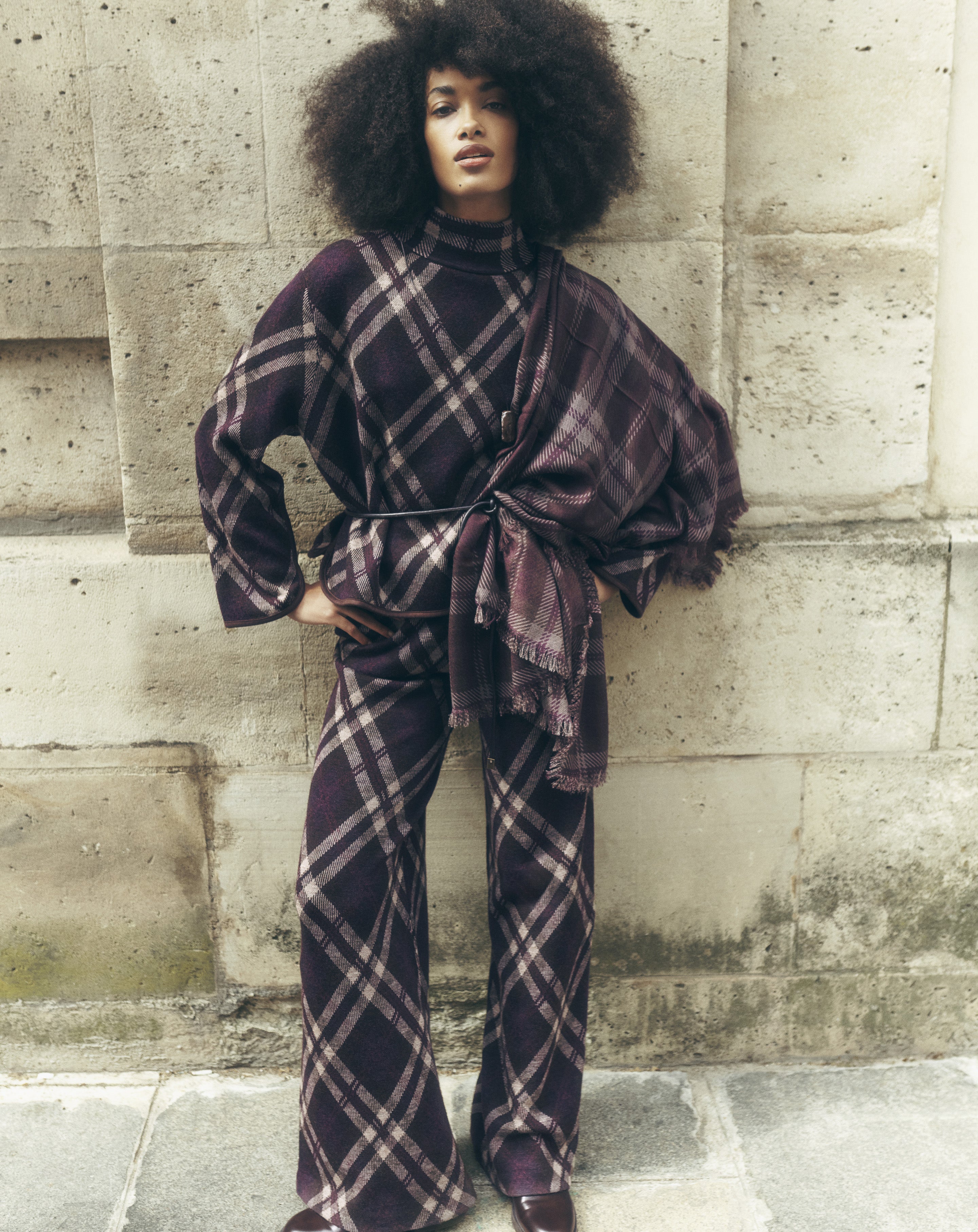 Tartan high neck pullover in Cashmere, Wool Women blackberry