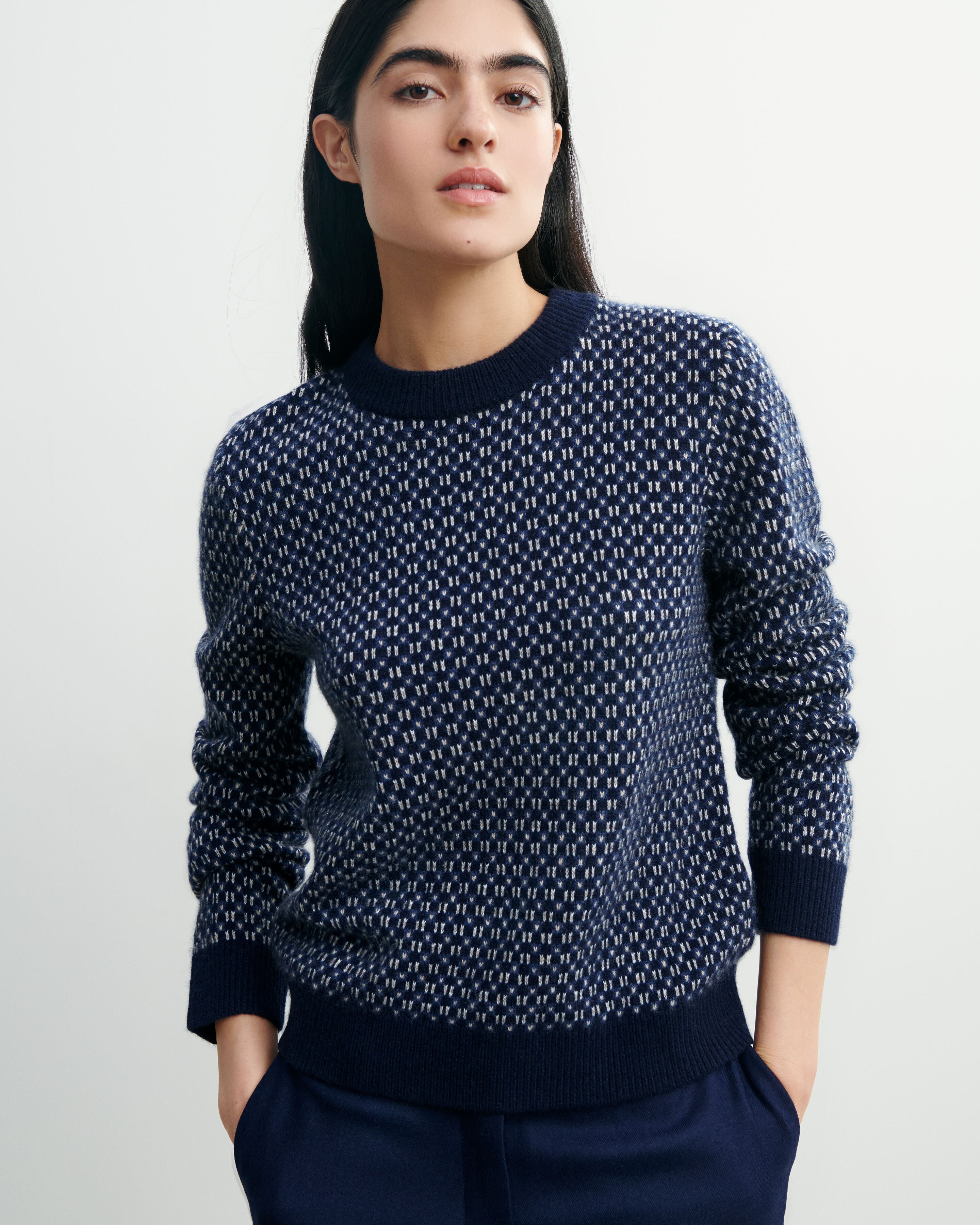Pull col rond micromotif en Cachemire Femme marine Eric Bompard