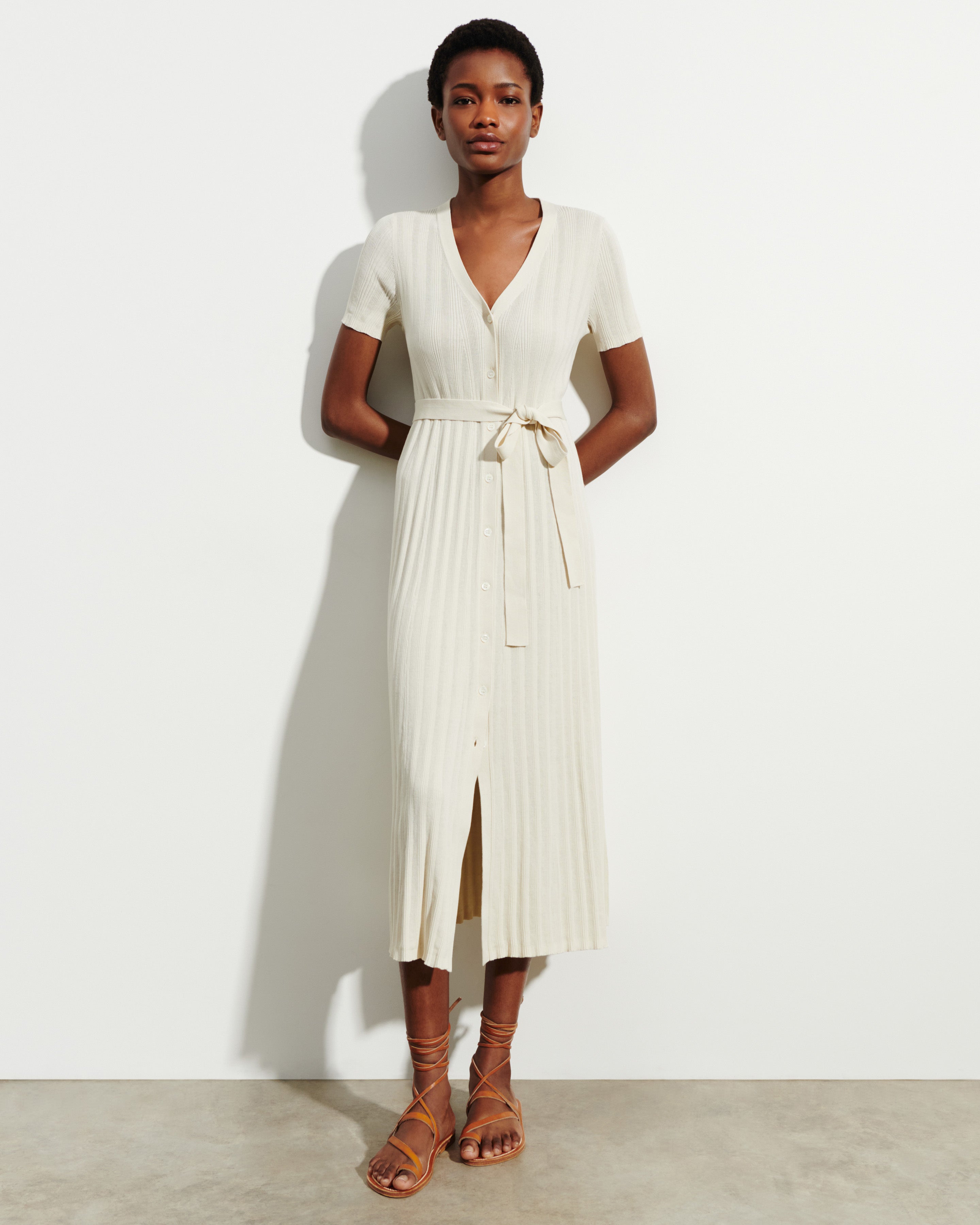 Belted ribbed dress in Cotton Women ivory