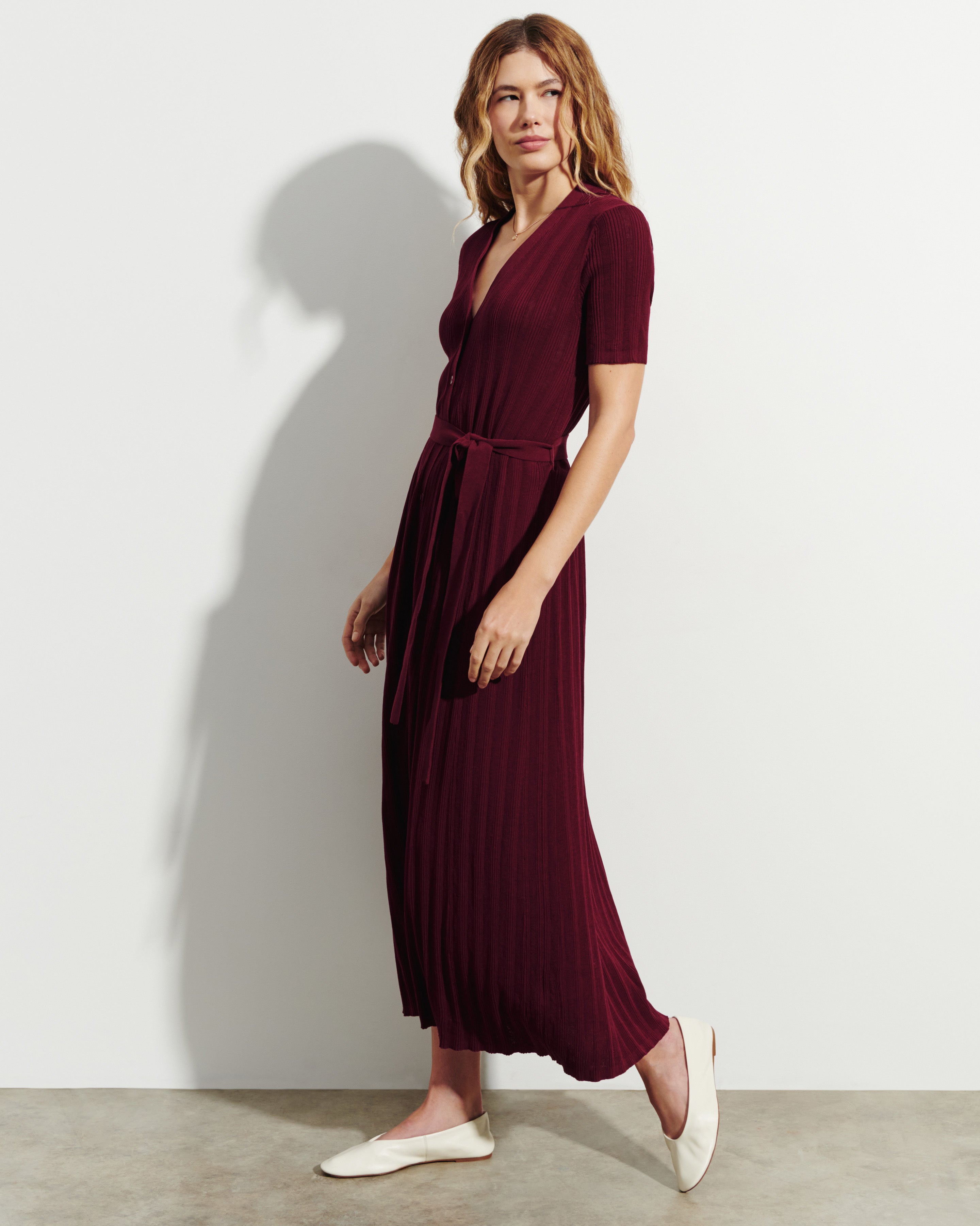 burgundy belted dress Olessia | Burgundy Belted Gathered Cape-Sleeve Maxi Dress