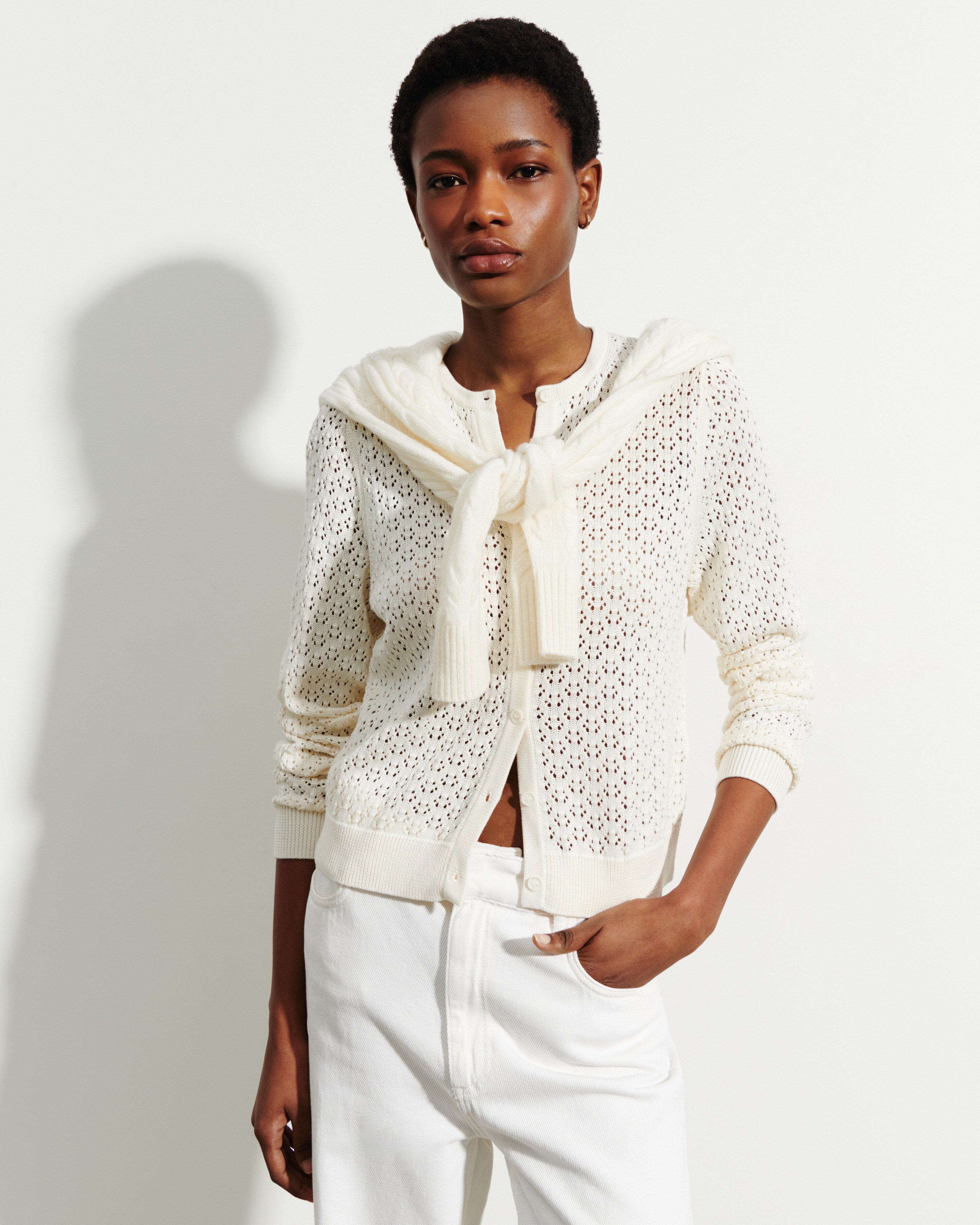 Pointelle cardigan in Silk, Cotton Women autumn white | Eric Bompard