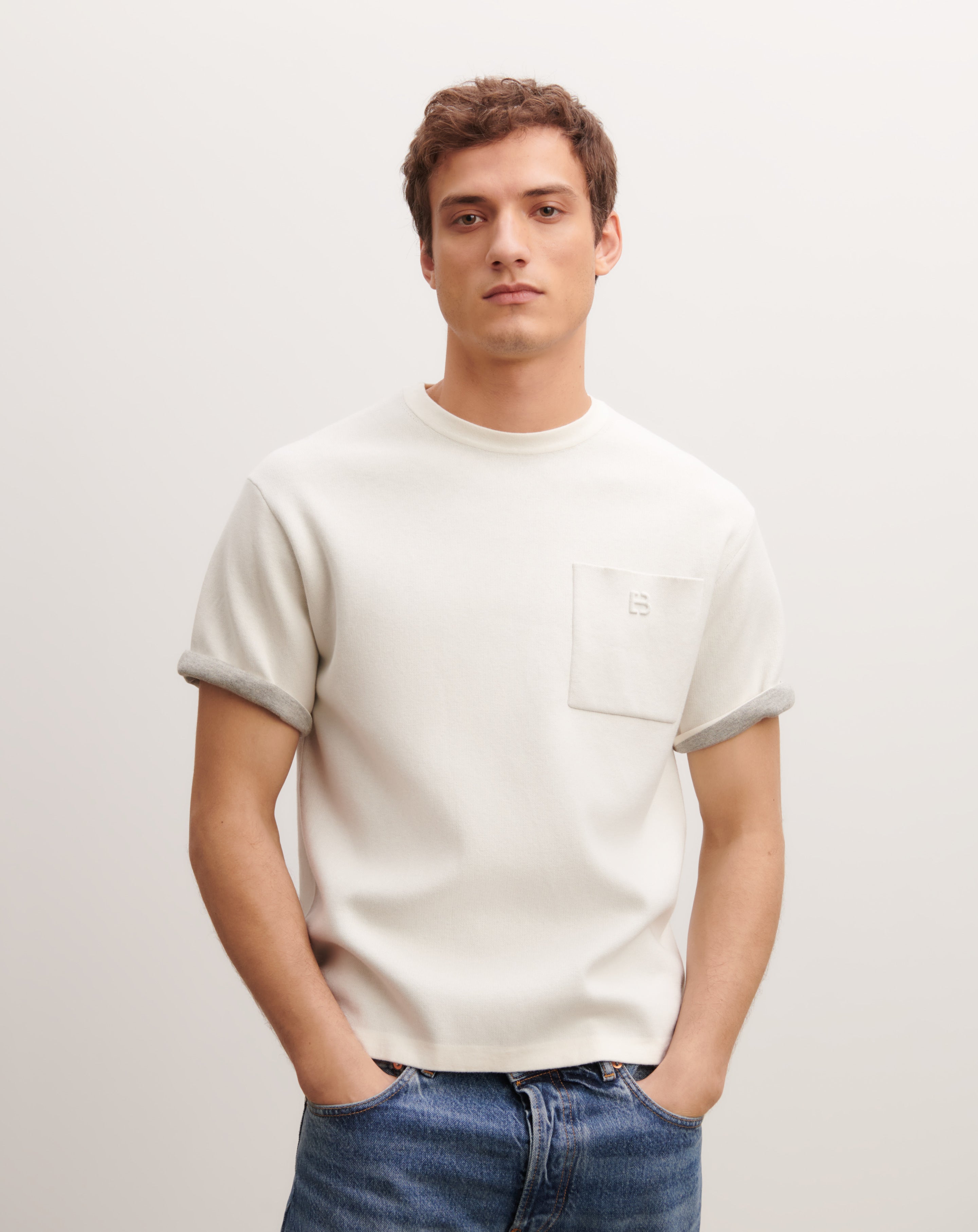 Double-sided T-shirt in Cotton, Cashmere Men autumn white/silver
