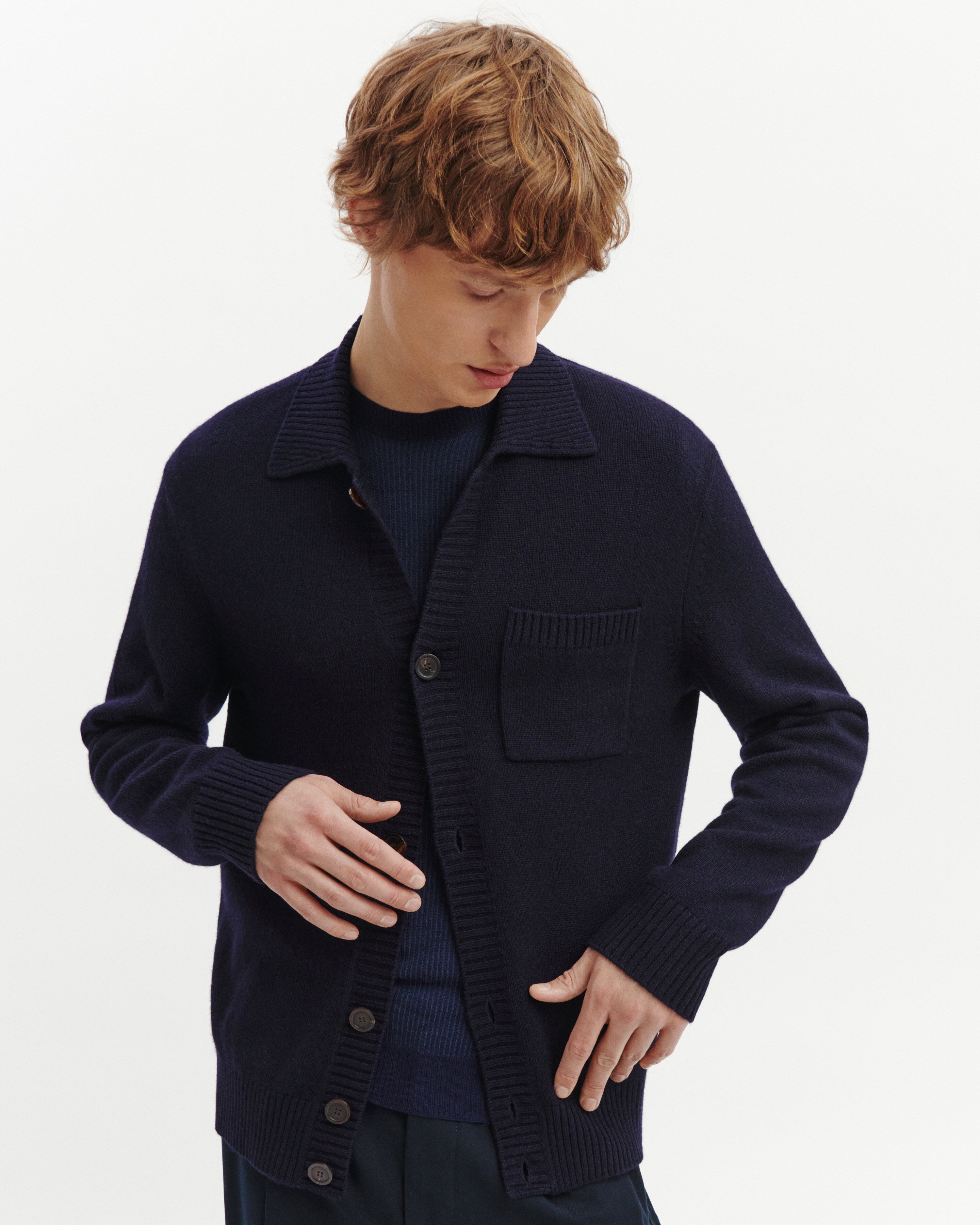 Shirt-collar cardigan in Cashmere, Silk Men navy blue | Eric Bompard