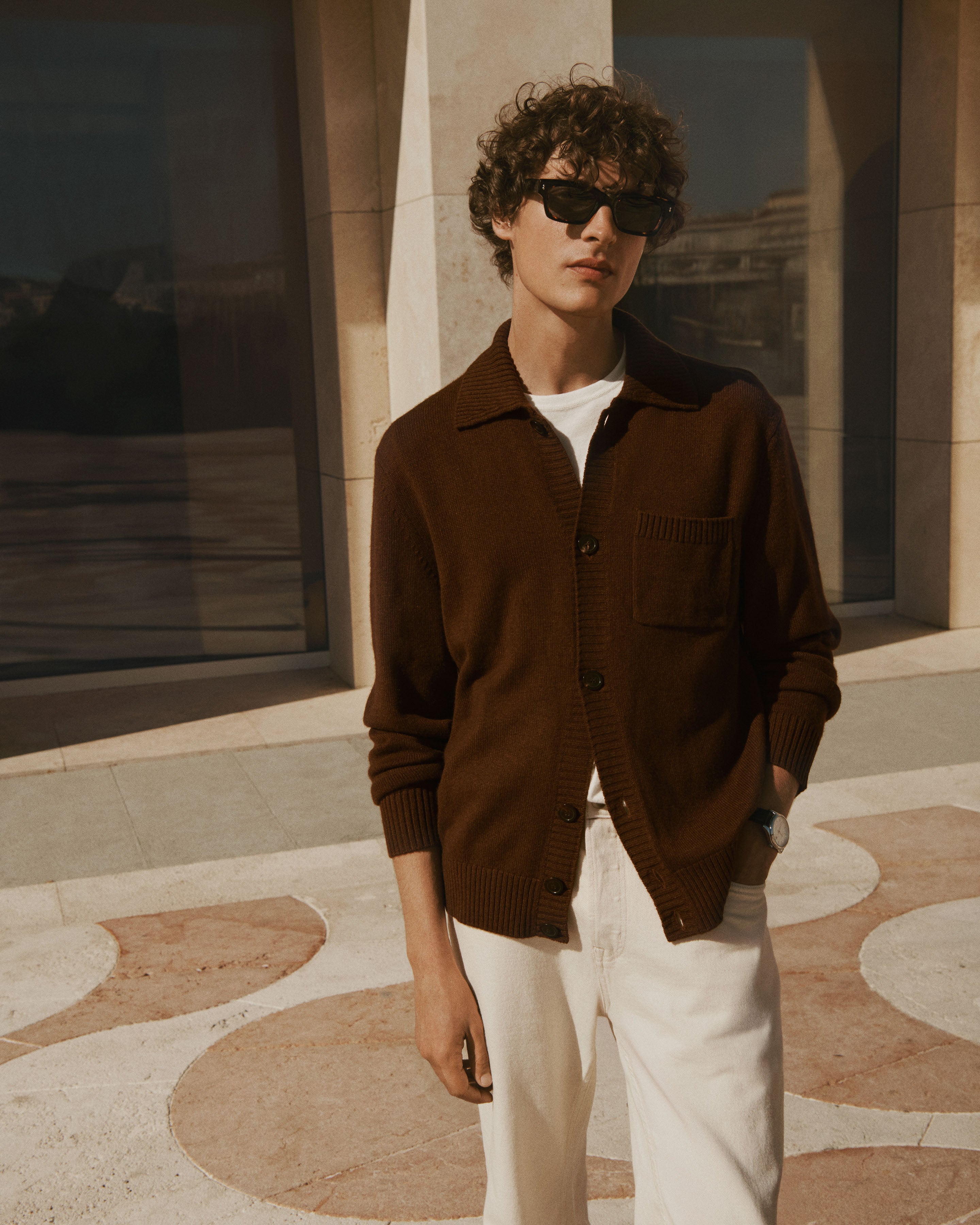 Shirt-collar cardigan in Cashmere, Silk Men coffee