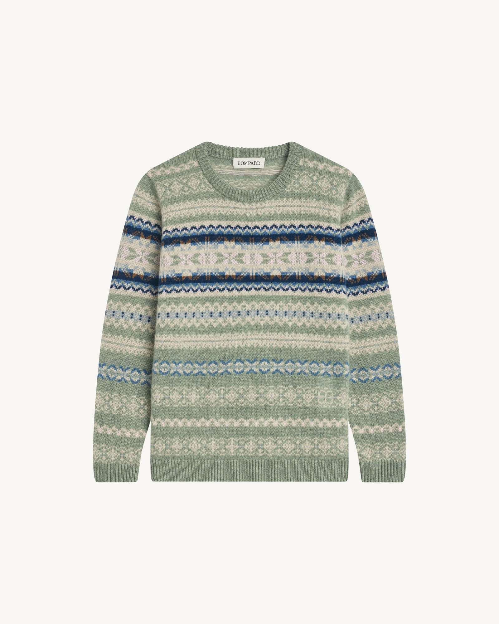 Col rond fairisle enfant-VERT DE GRIS/BLEU DE DELFT-100% cachemire