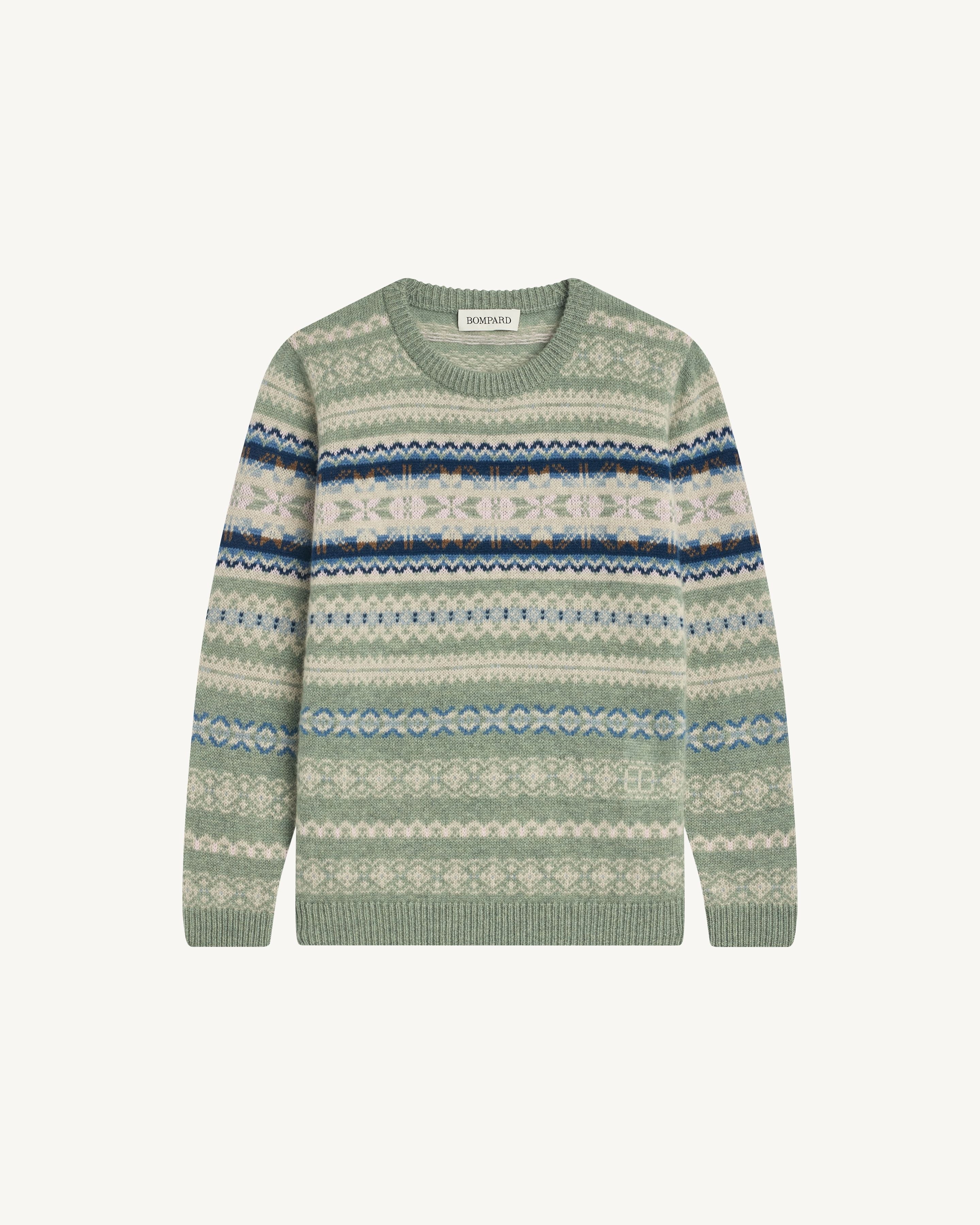 Col rond fairisle enfant-VERT DE GRIS/BLEU DE DELFT-100% cachemire