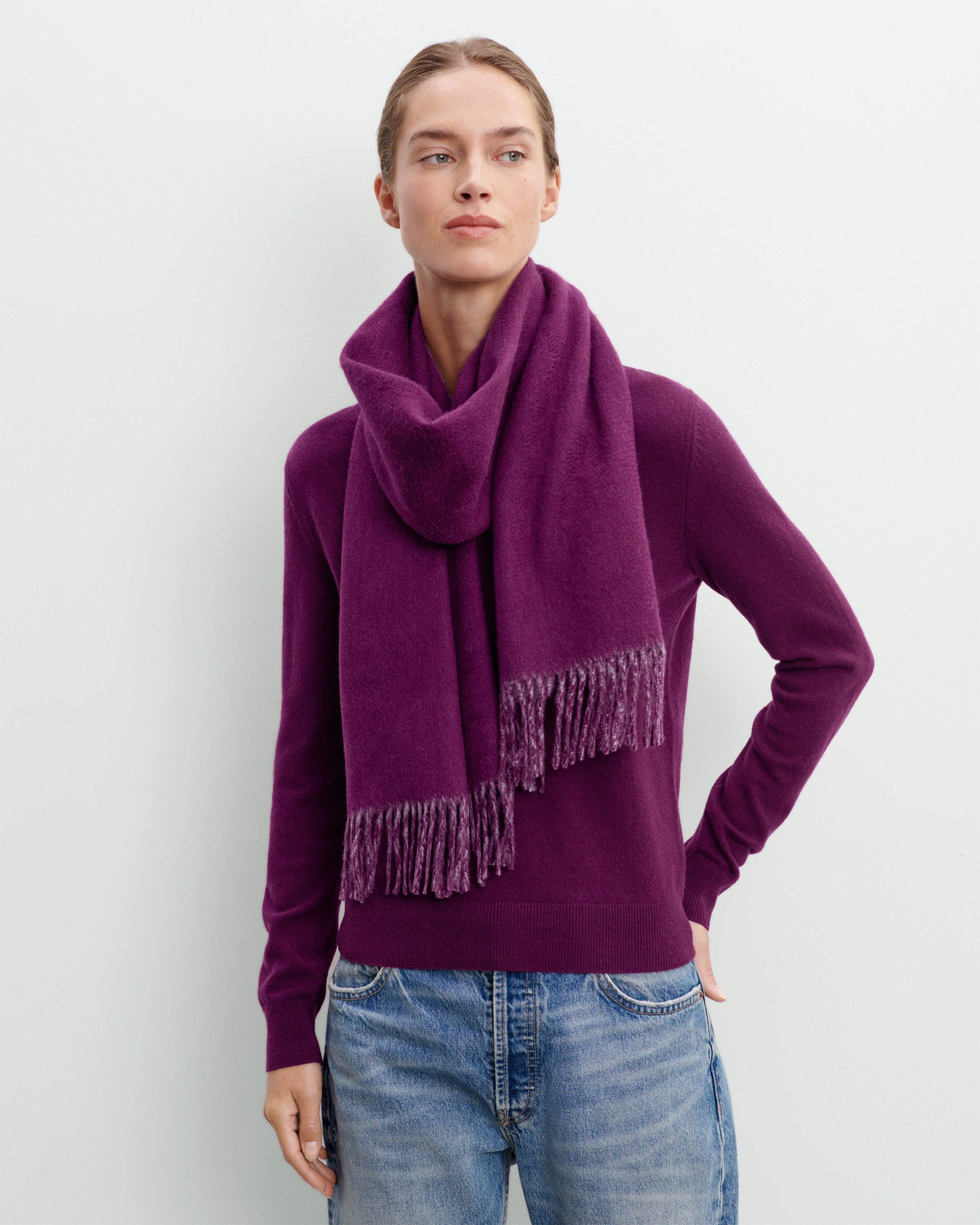 Echarpe double face-PRUNE DAMAS/GRIS METEORITE-100% cachemire