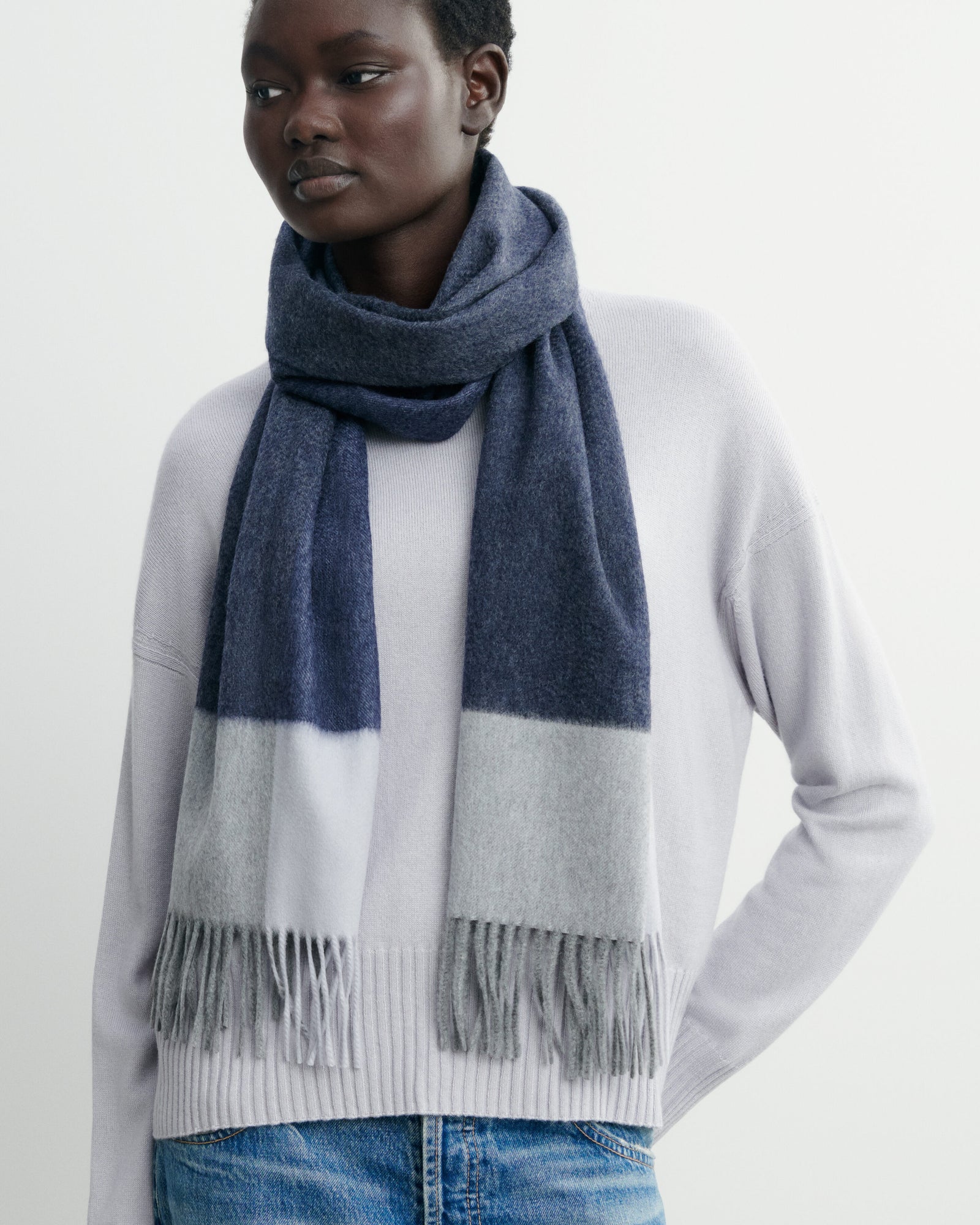 Écharpe à franges maxi tartan-MARINE-100% cachemire