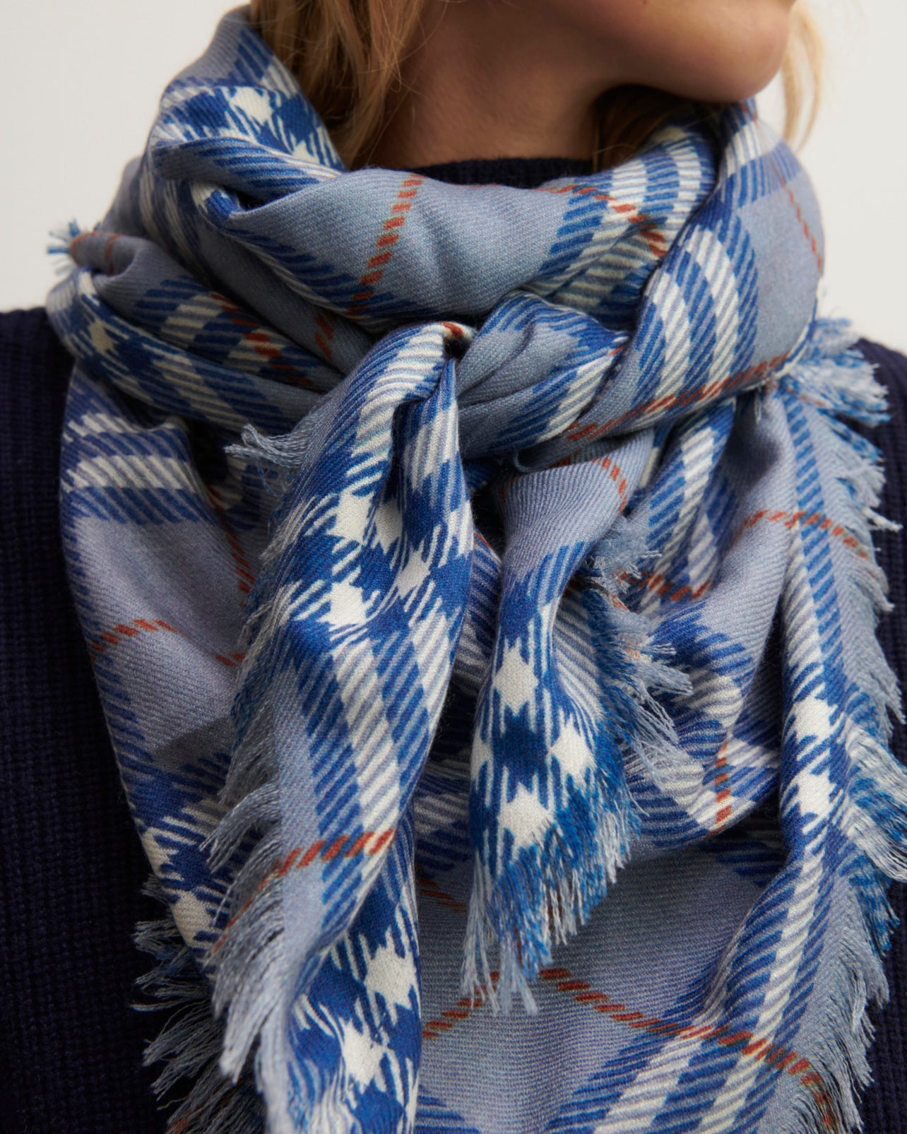 Carré en twill imprimé-BLEU MONTAGNE/ERABLE-100% cachemire