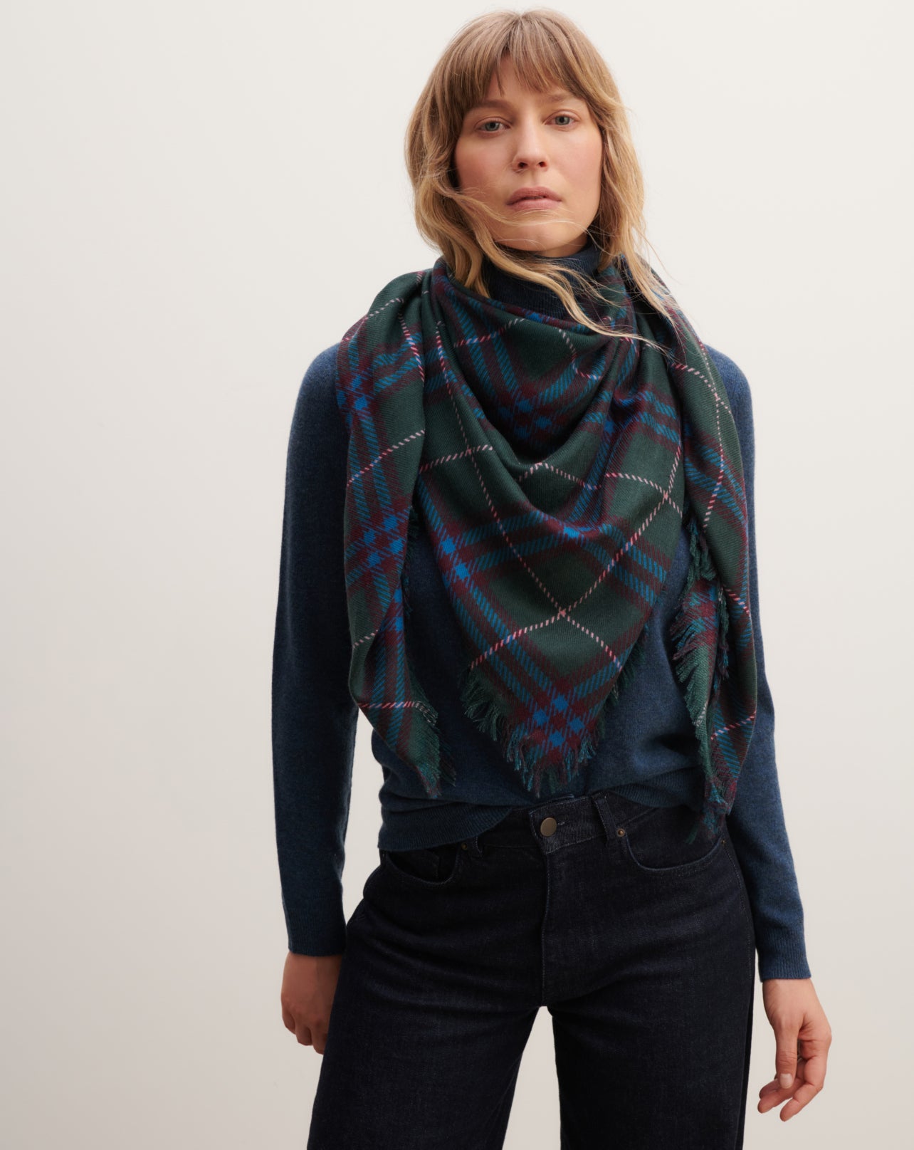 Carré en twill imprimé-VERT ZURICH/BLEU PAON-100% cachemire