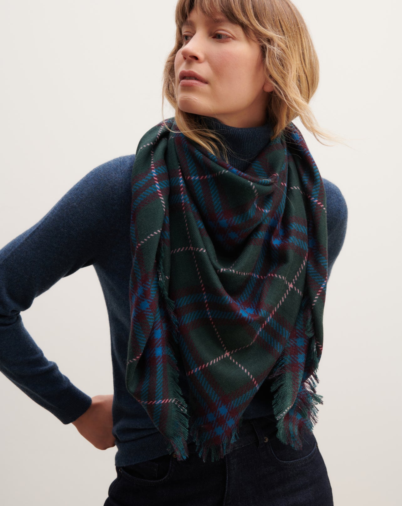 Carré en twill imprimé-VERT ZURICH/BLEU PAON-100% cachemire