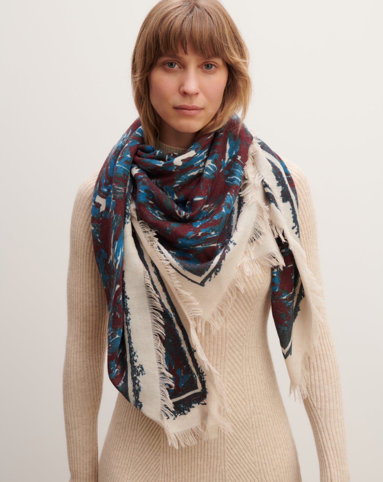 Carré imprimé-BLEU PAON-100% cachemire