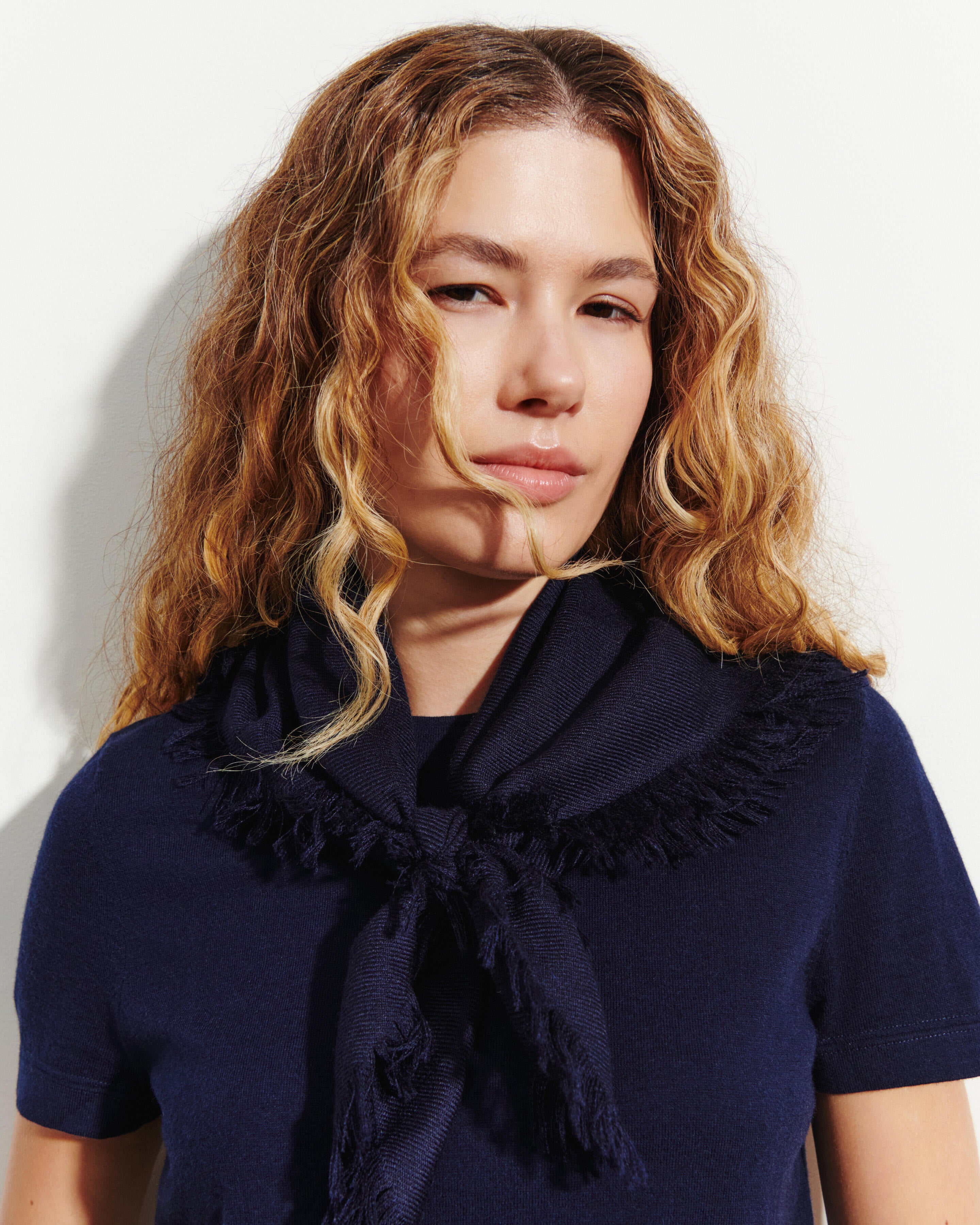 Mini carré à franges-MARINE-100% cachemire