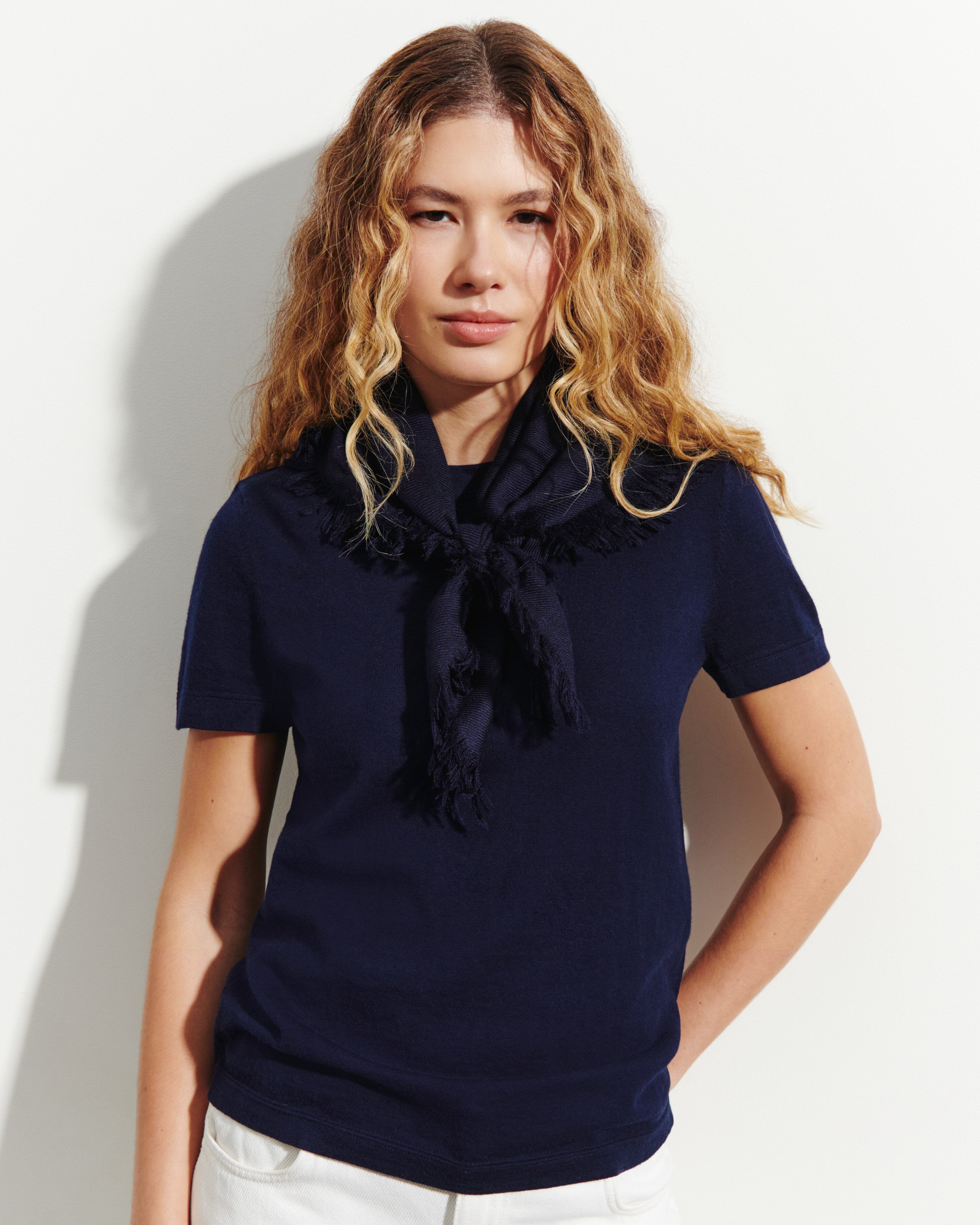 Mini carré à franges-MARINE-100% cachemire