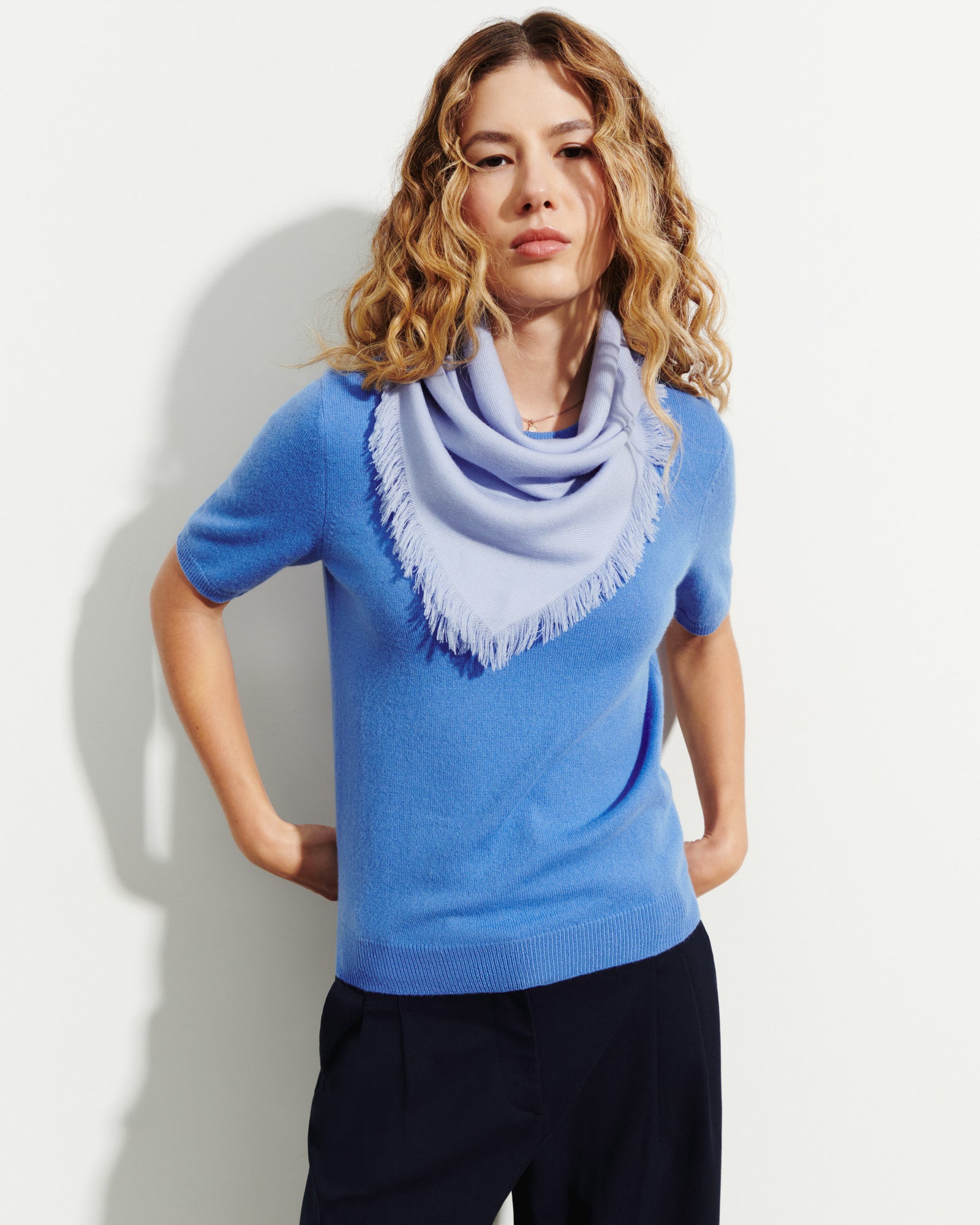 Mini carré à franges-BLEU AGATE-100% cachemire