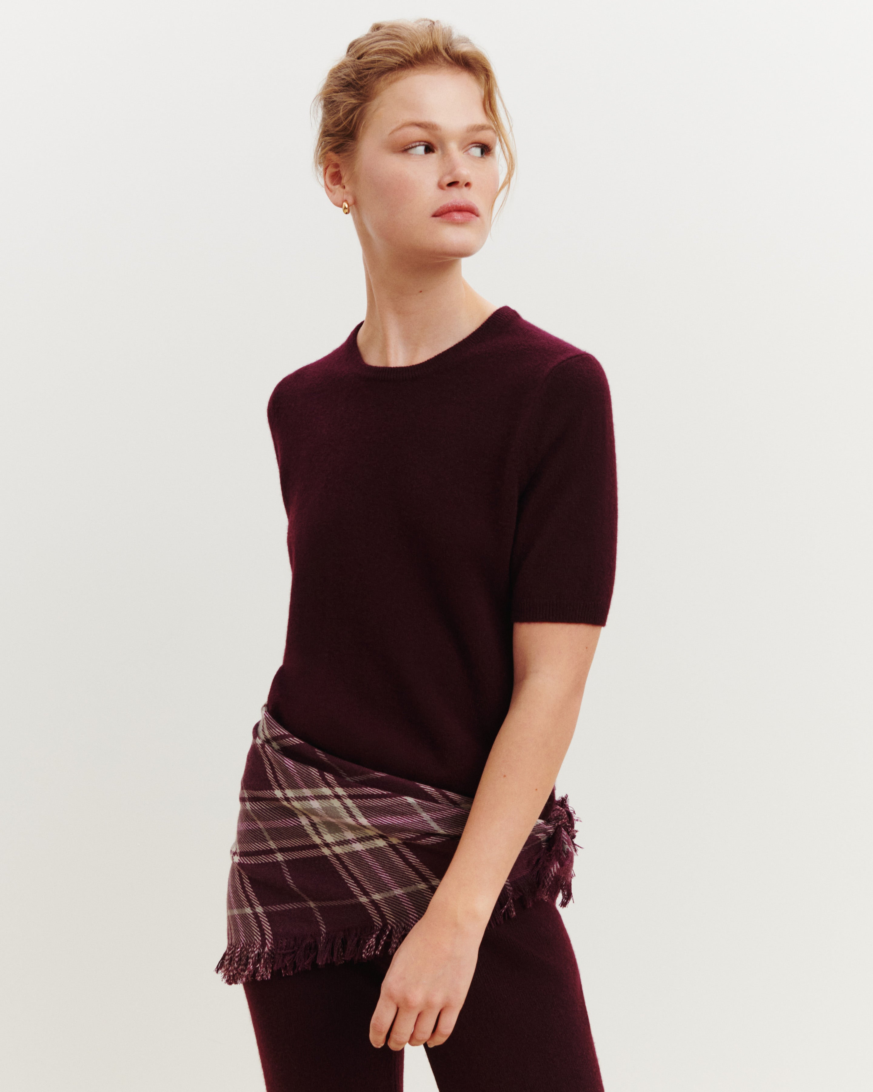 Mini carré imprimé tartan -GRENAT/MILLET-100% cachemire
