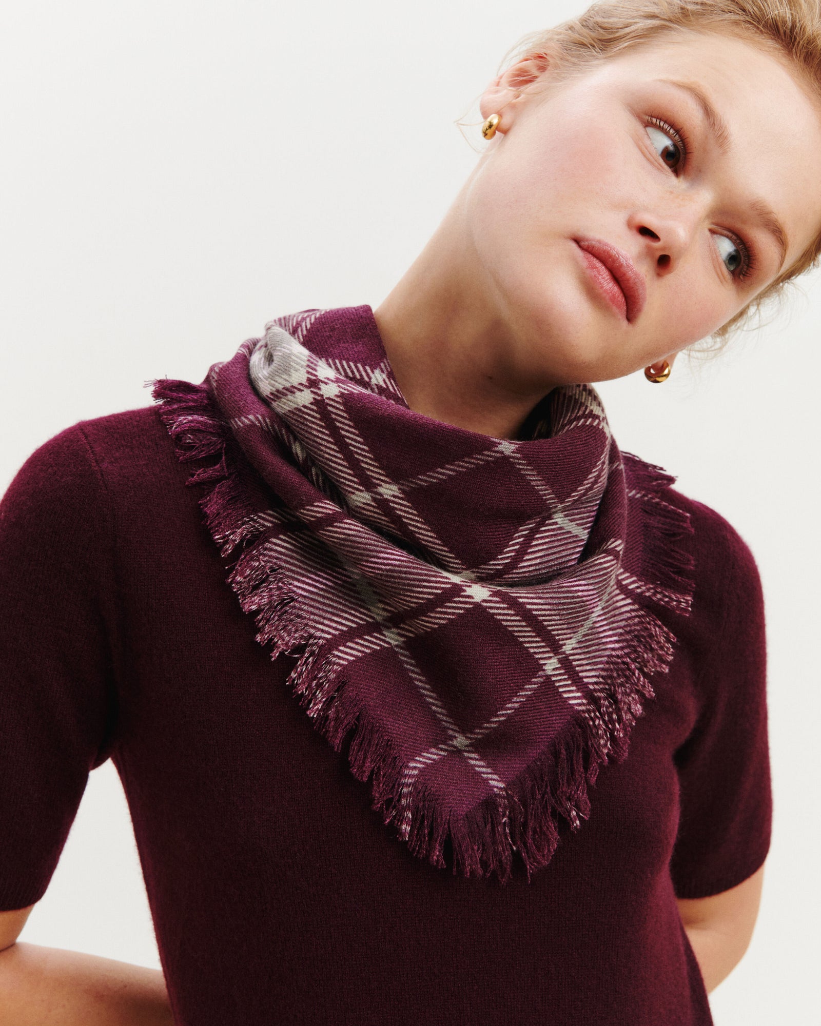 Mini carré imprimé tartan -GRENAT/MILLET-100% cachemire