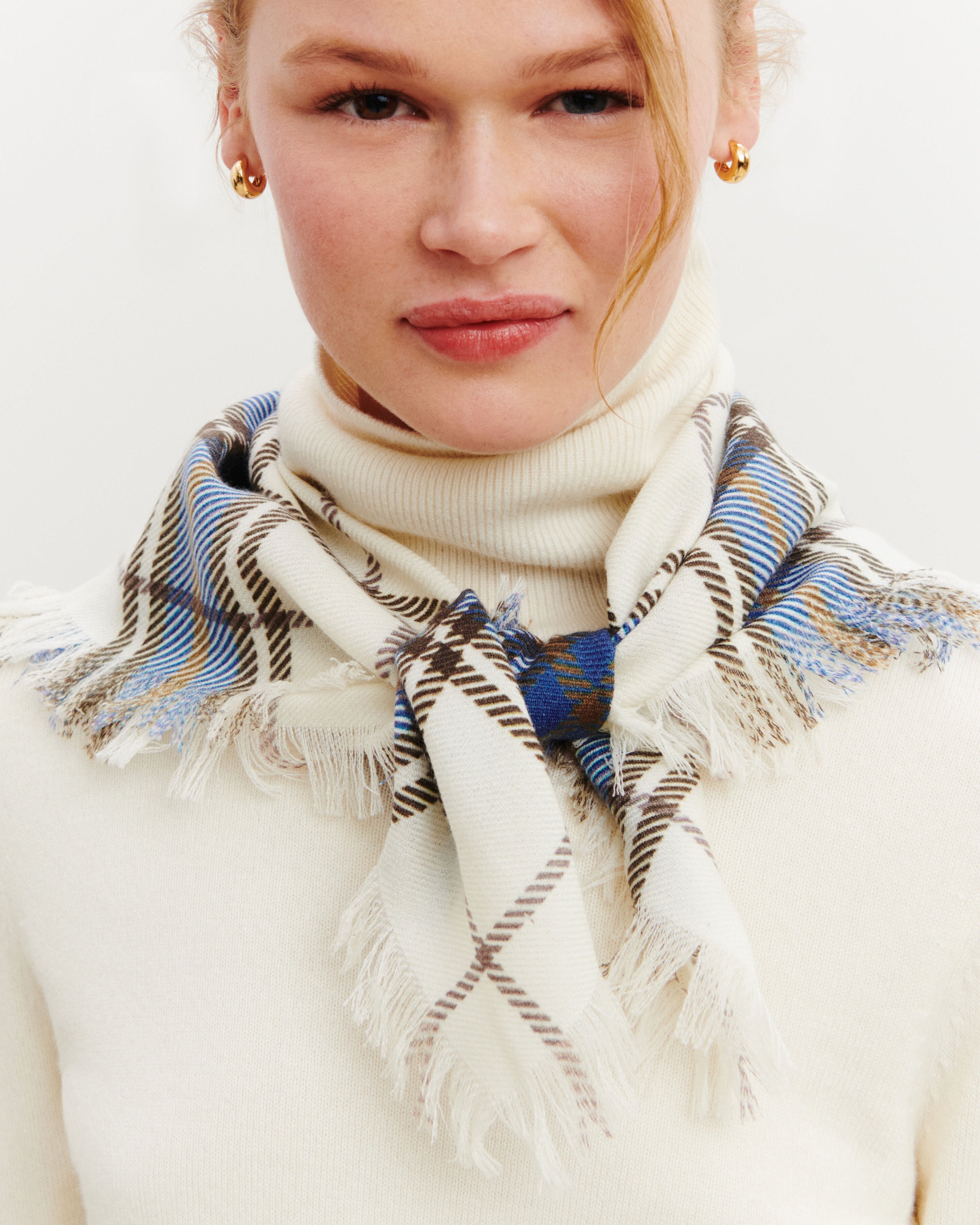 Mini carré imprimé tartan -NATUREL/BLEU DE DELFT-100% cachemire