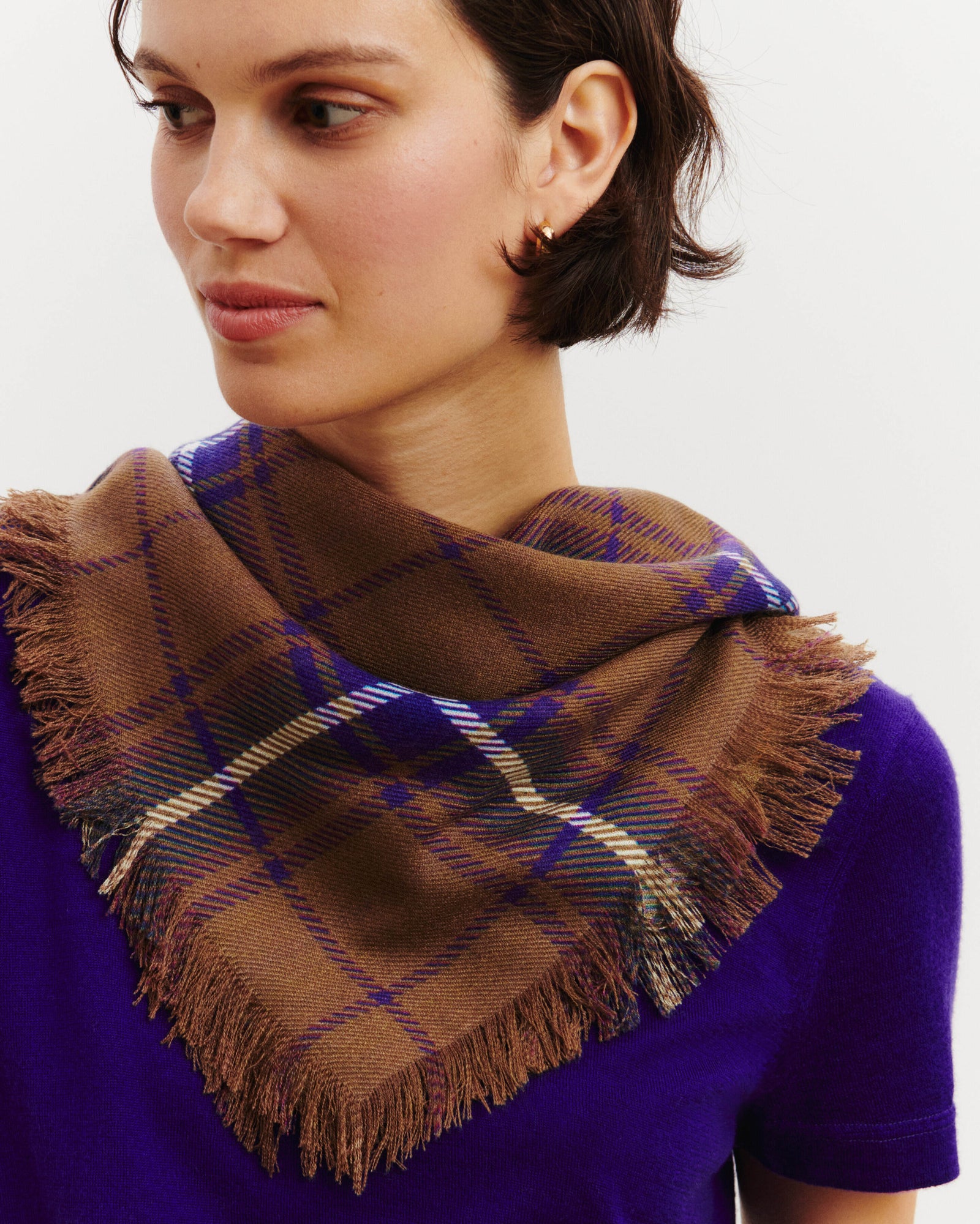 Mini carré imprimé tartan -NOISETTE/ULTRAVIOLET-100% cachemire