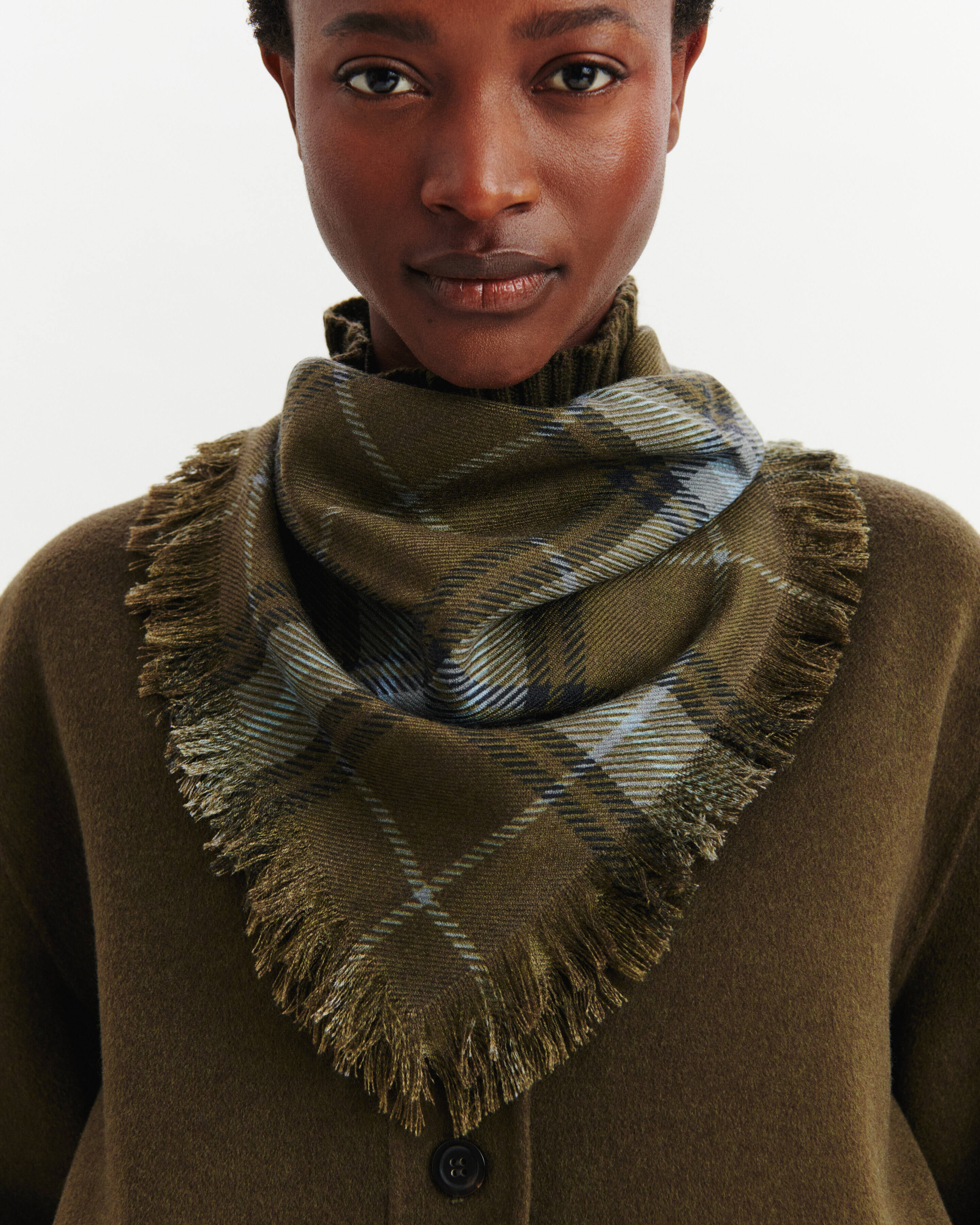 Mini carré imprimé tartan -OLIVE/GRIS METEORITE-100% cachemire