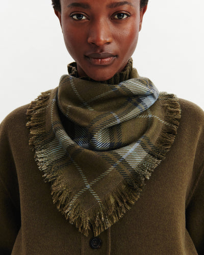 Mini carré imprimé tartan -OLIVE/GRIS METEORITE-100% cachemire