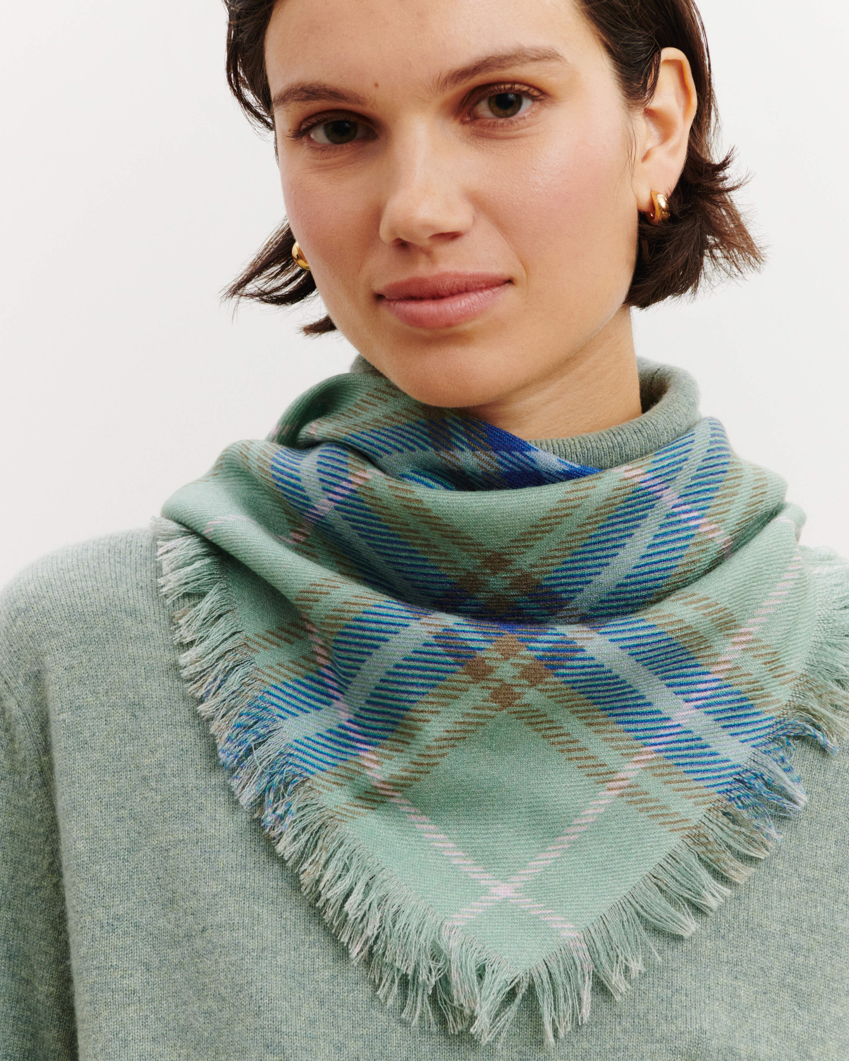 Mini carré imprimé tartan -VERT DE GRIS/BLEU DE DELFT-100% cachemire