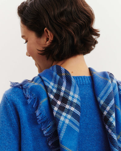 Mini carré imprimé tartan -BLEU DE DELFT/MARINE-100% cachemire