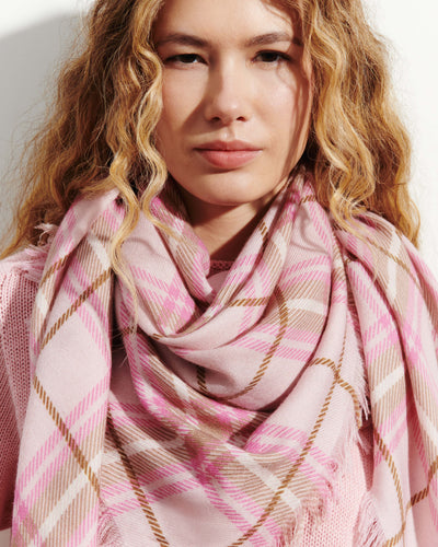 Carré en twill imprimé-CERISIER/CARAMEL-100% cachemire