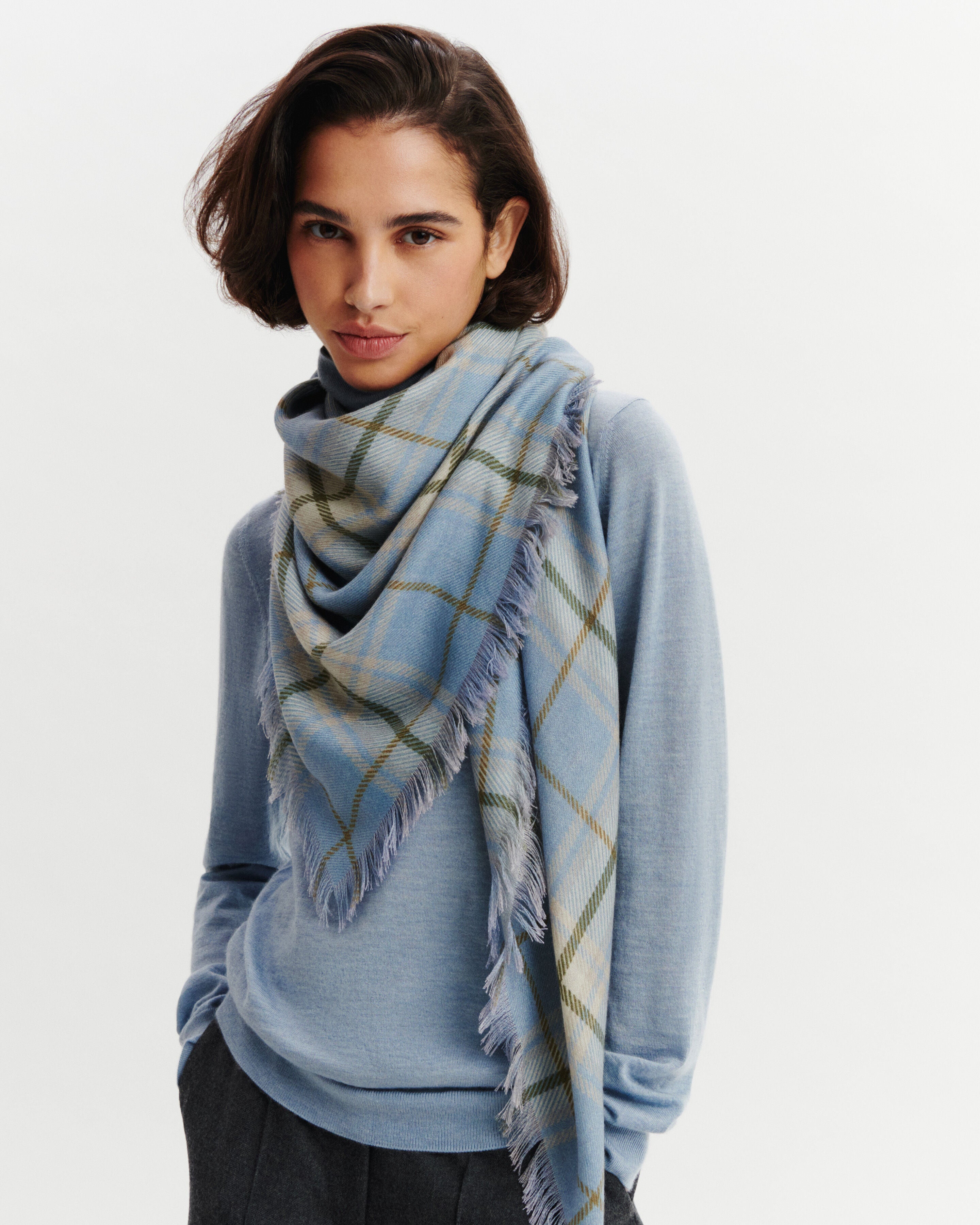 Carré en twill imprimé-BLEU GLACIER/AVOINE-100% cachemire