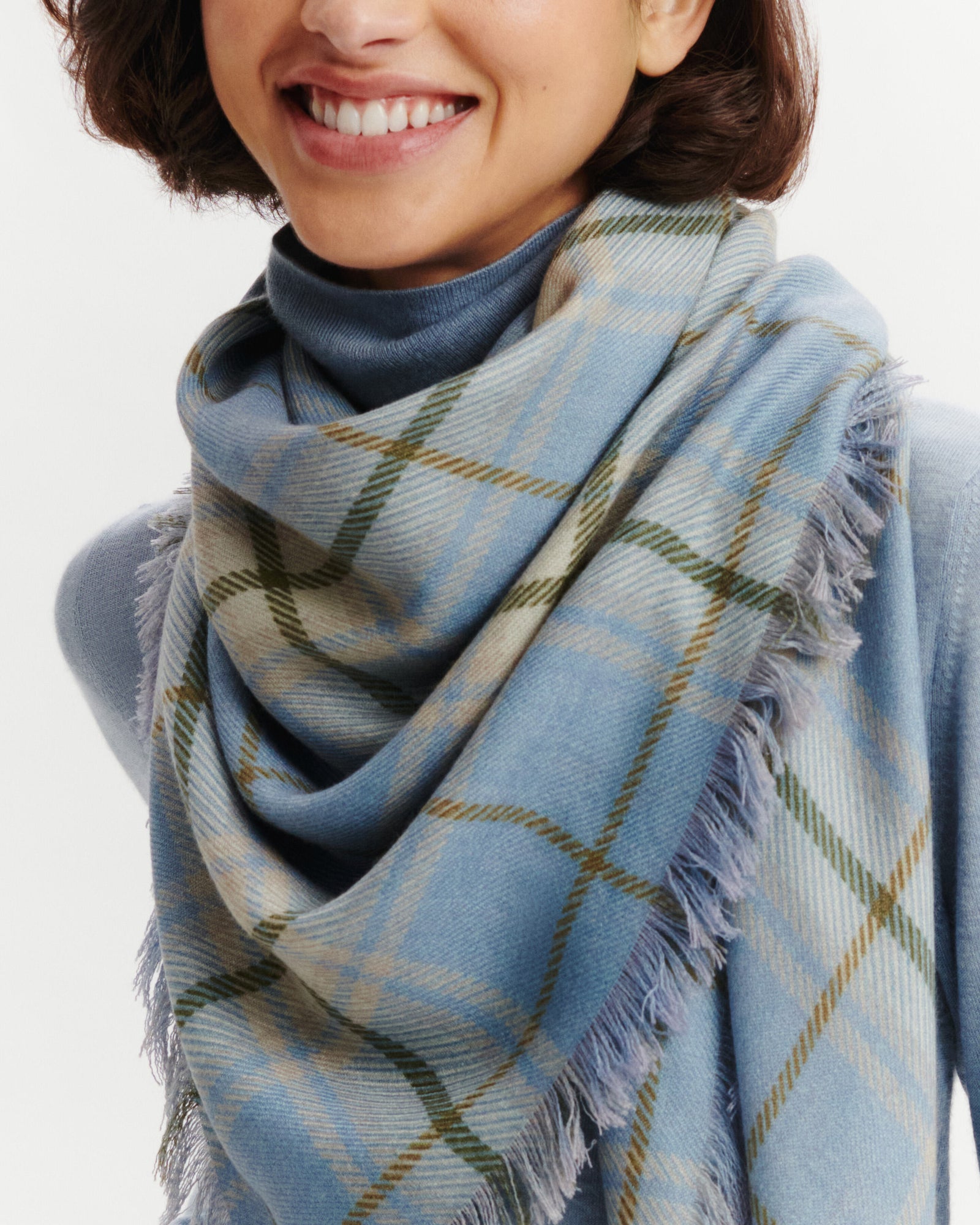 Carré en twill imprimé-BLEU GLACIER/AVOINE-100% cachemire