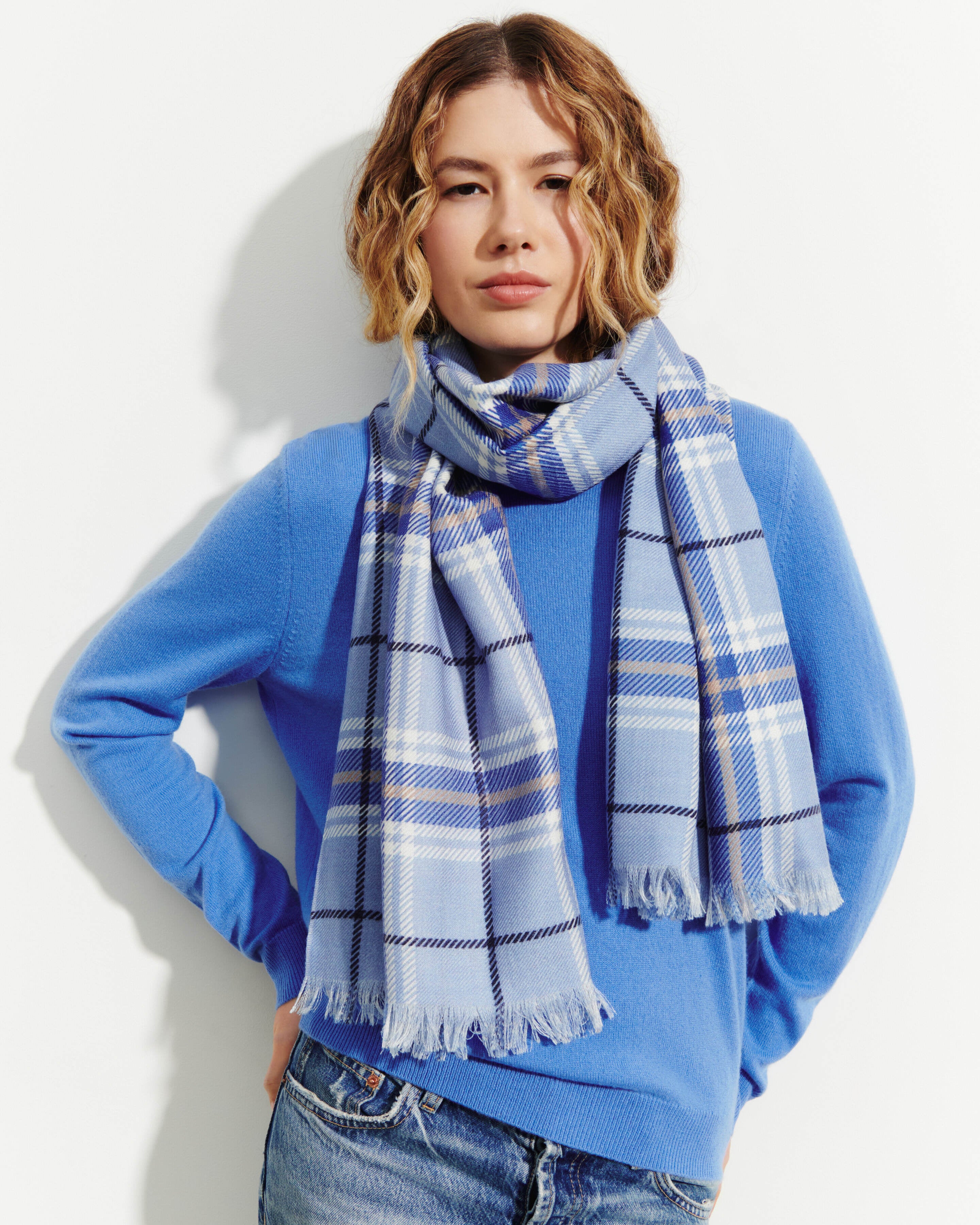 Etole en twill imprimée-BLEU AGATE/ATLANTIQUE-100% cachemire