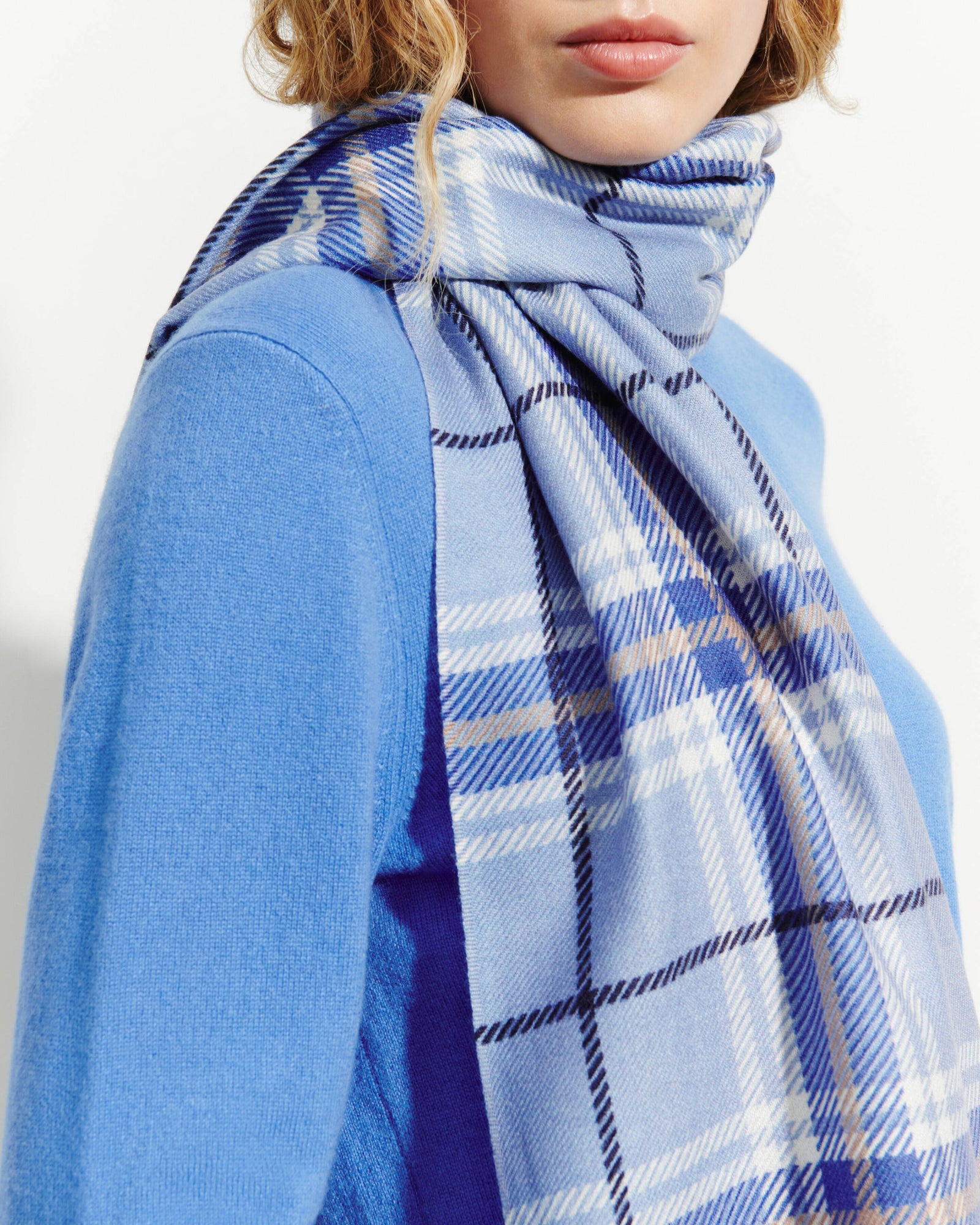 Etole en twill imprimée-BLEU AGATE/ATLANTIQUE-100% cachemire