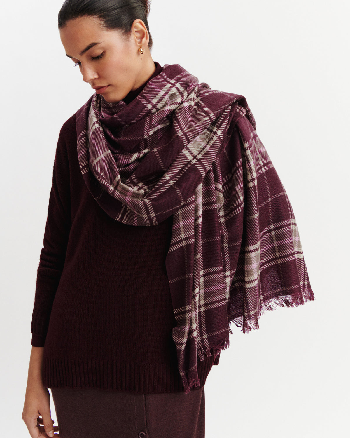 Étole imprimée tartan-GRENAT/MILLET-100% cachemire