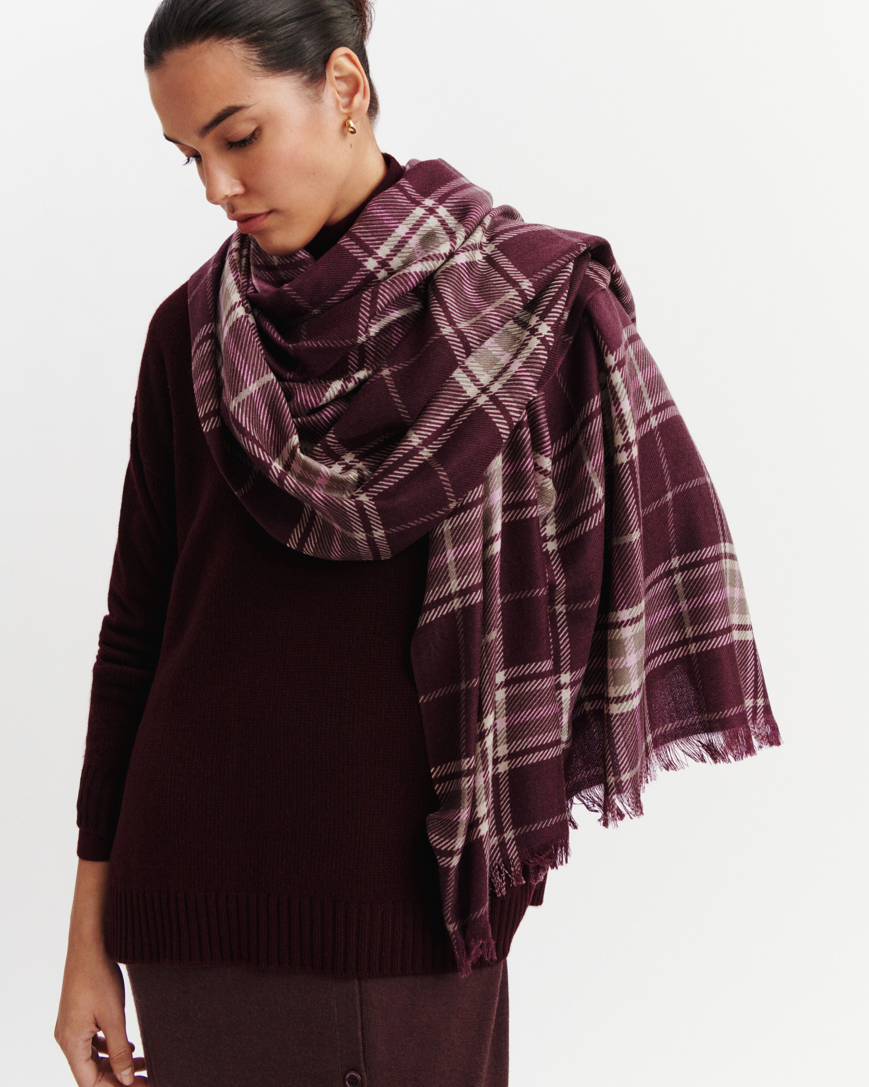 Étole imprimée tartan-GRENAT/MILLET-100% cachemire