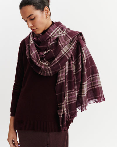 Étole imprimée tartan-GRENAT/MILLET-100% cachemire