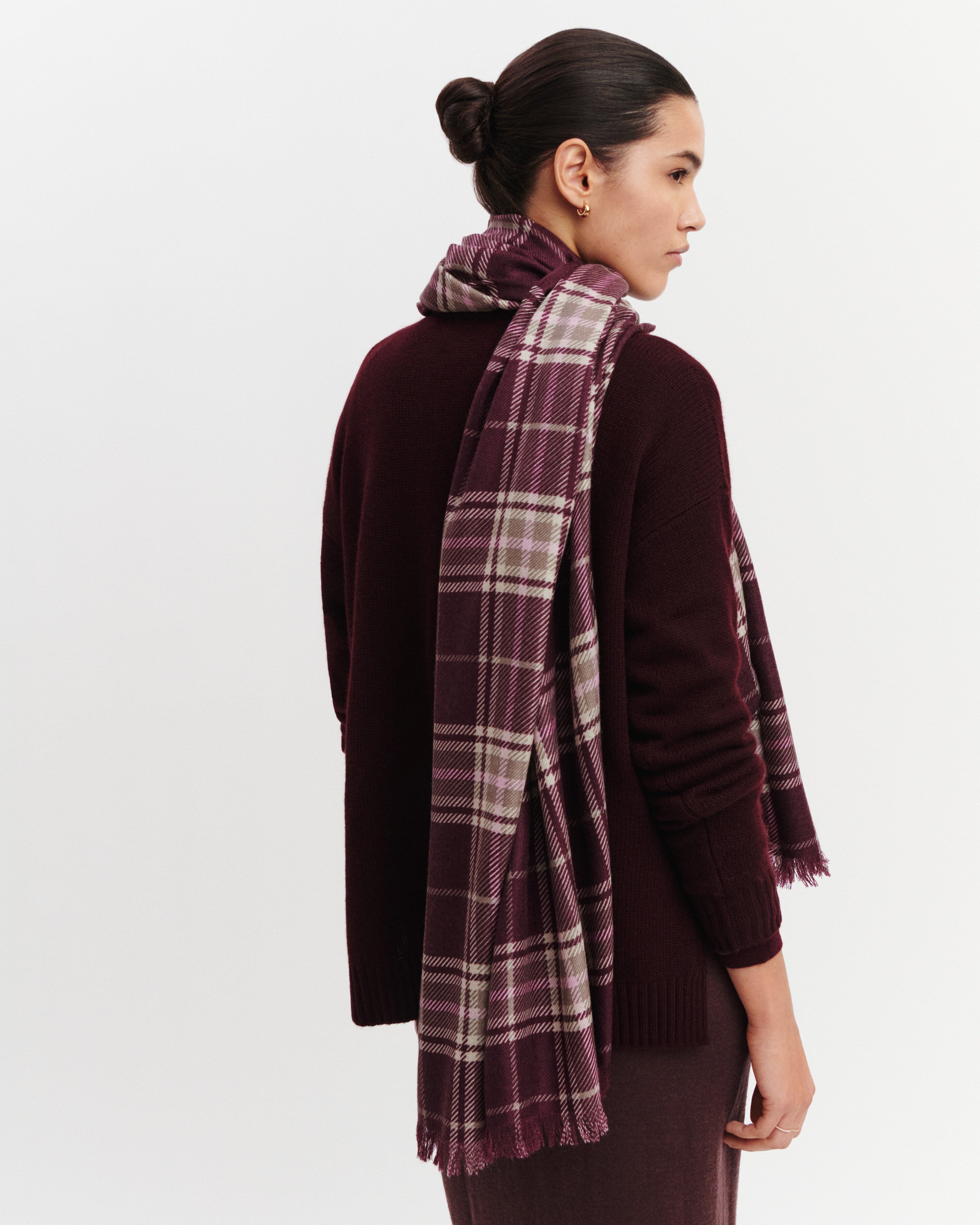 Étole imprimée tartan-GRENAT/MILLET-100% cachemire