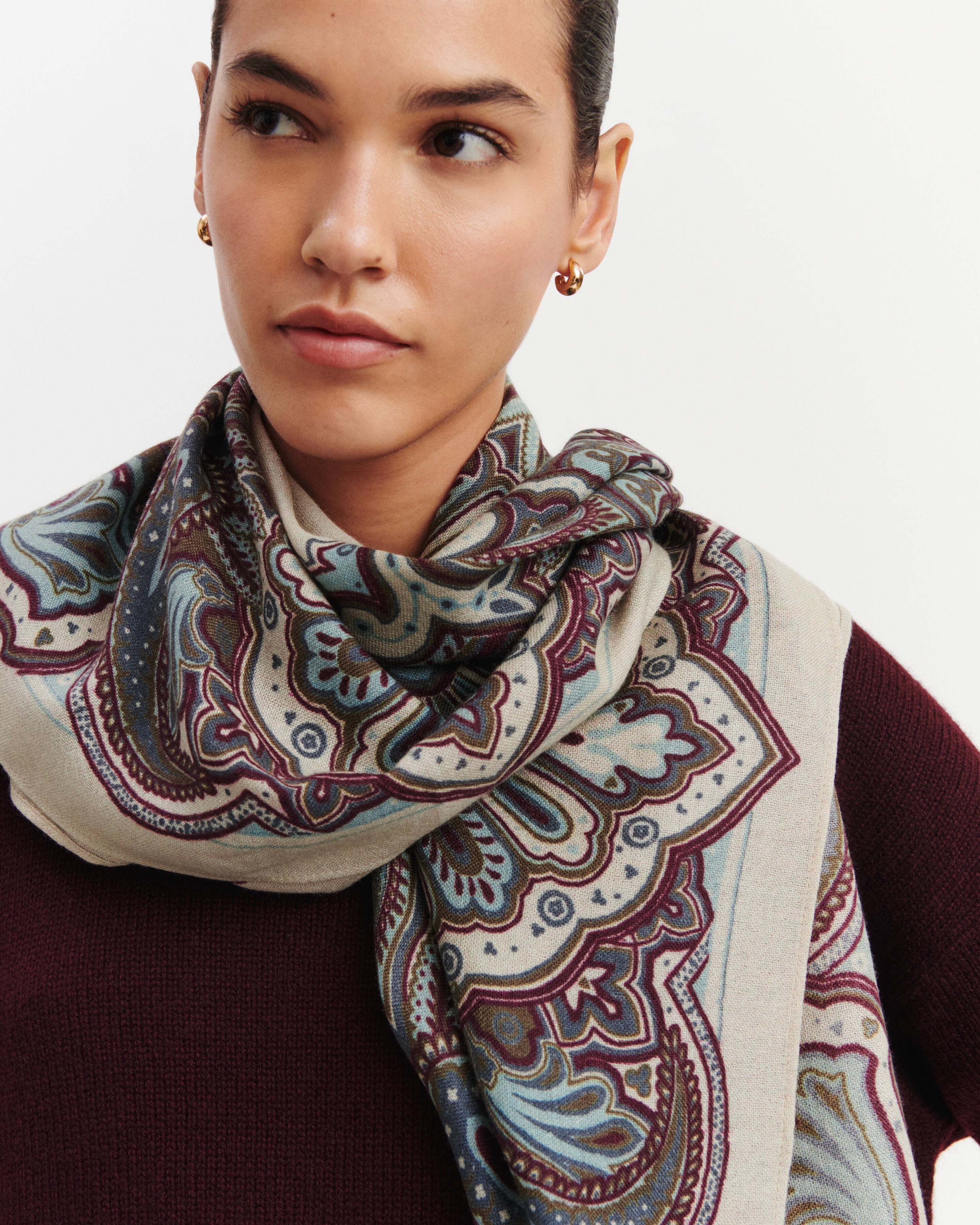 Carré Stan Paisley-AVOINE/VERT DE GRIS-100% cachemire