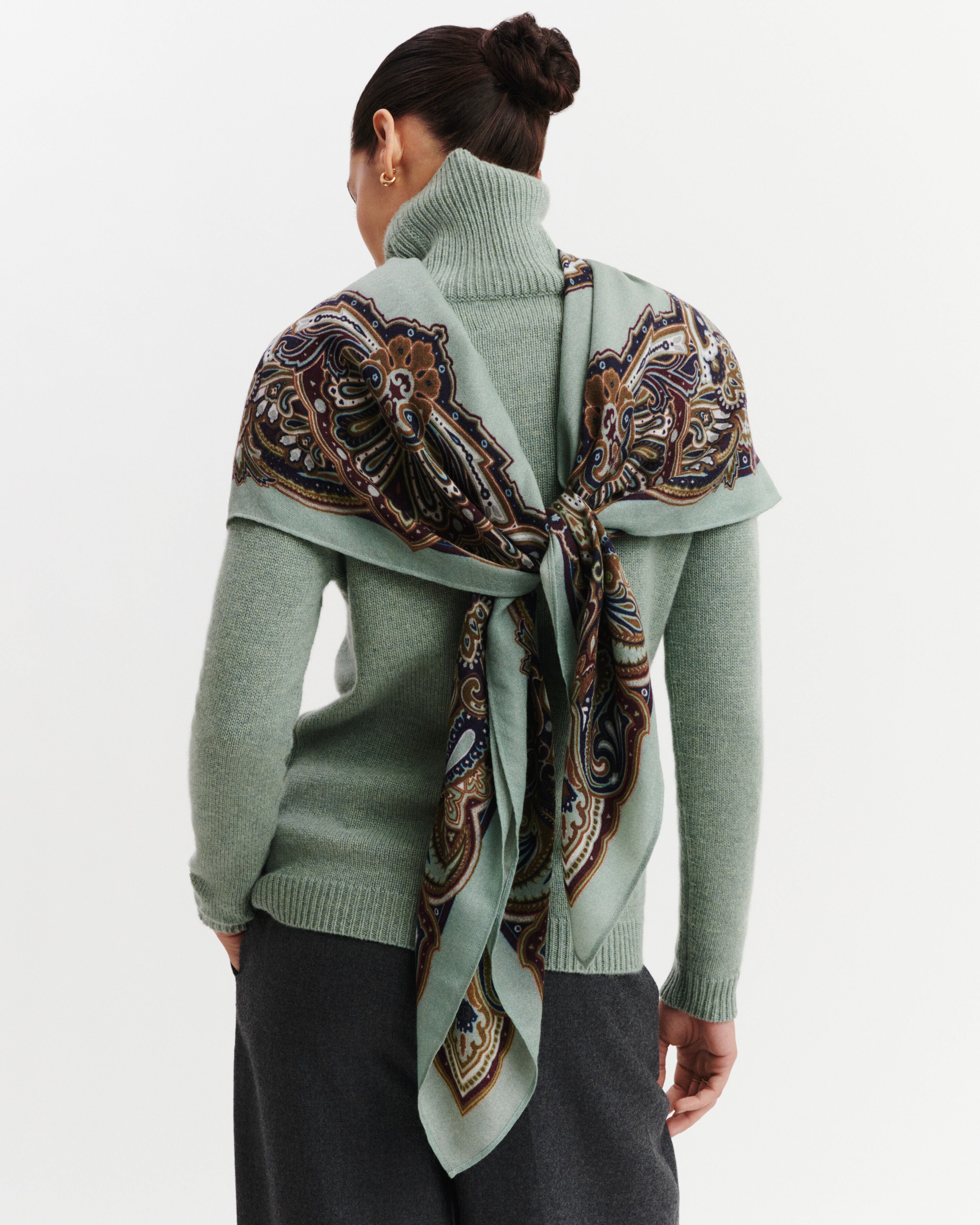 Grand carré imprimé-VERT DE GRIS/NOISETTE-100% cachemire