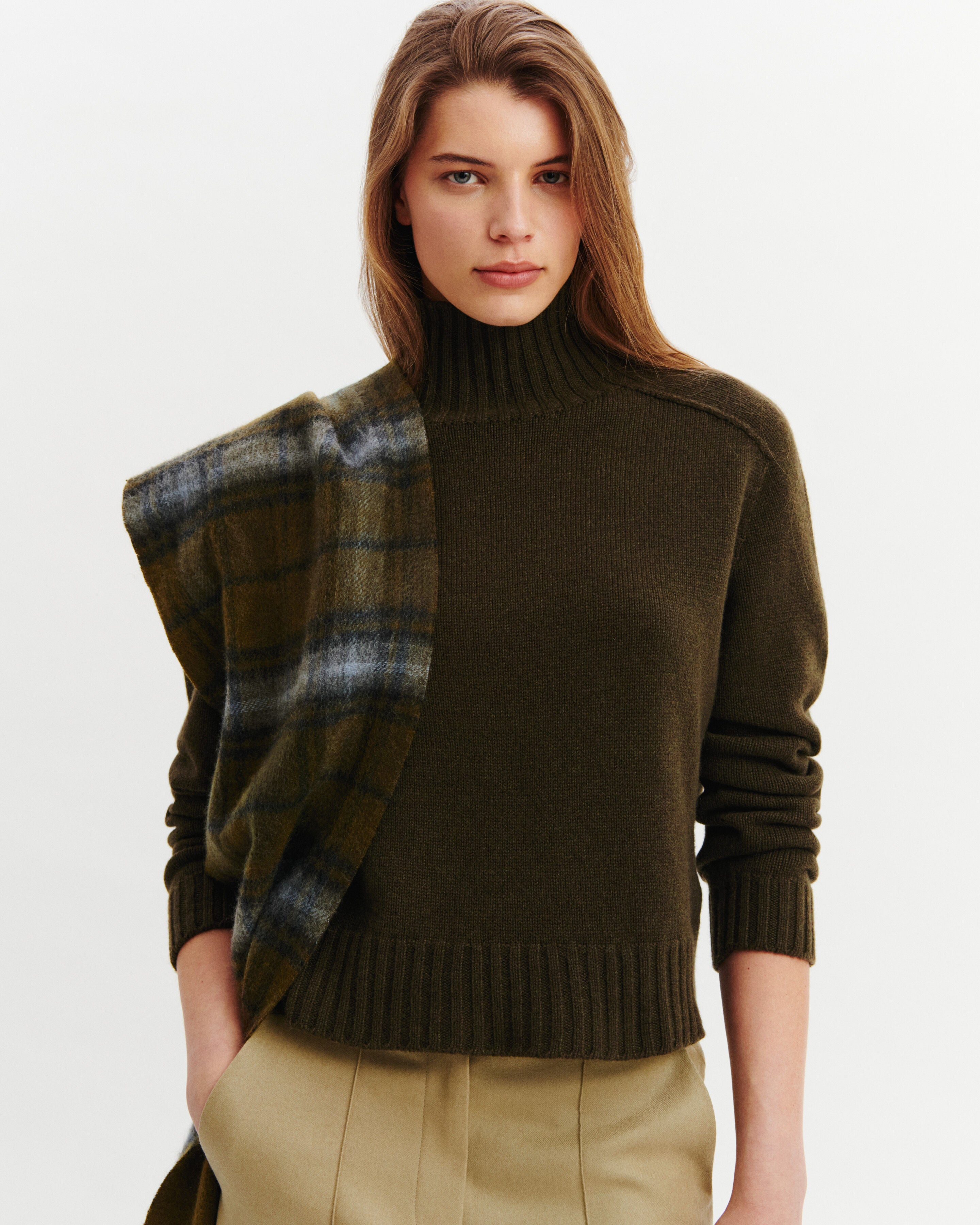 Écharpe tartan à franges-OLIVE/GRIS METEORITE-100% cachemire