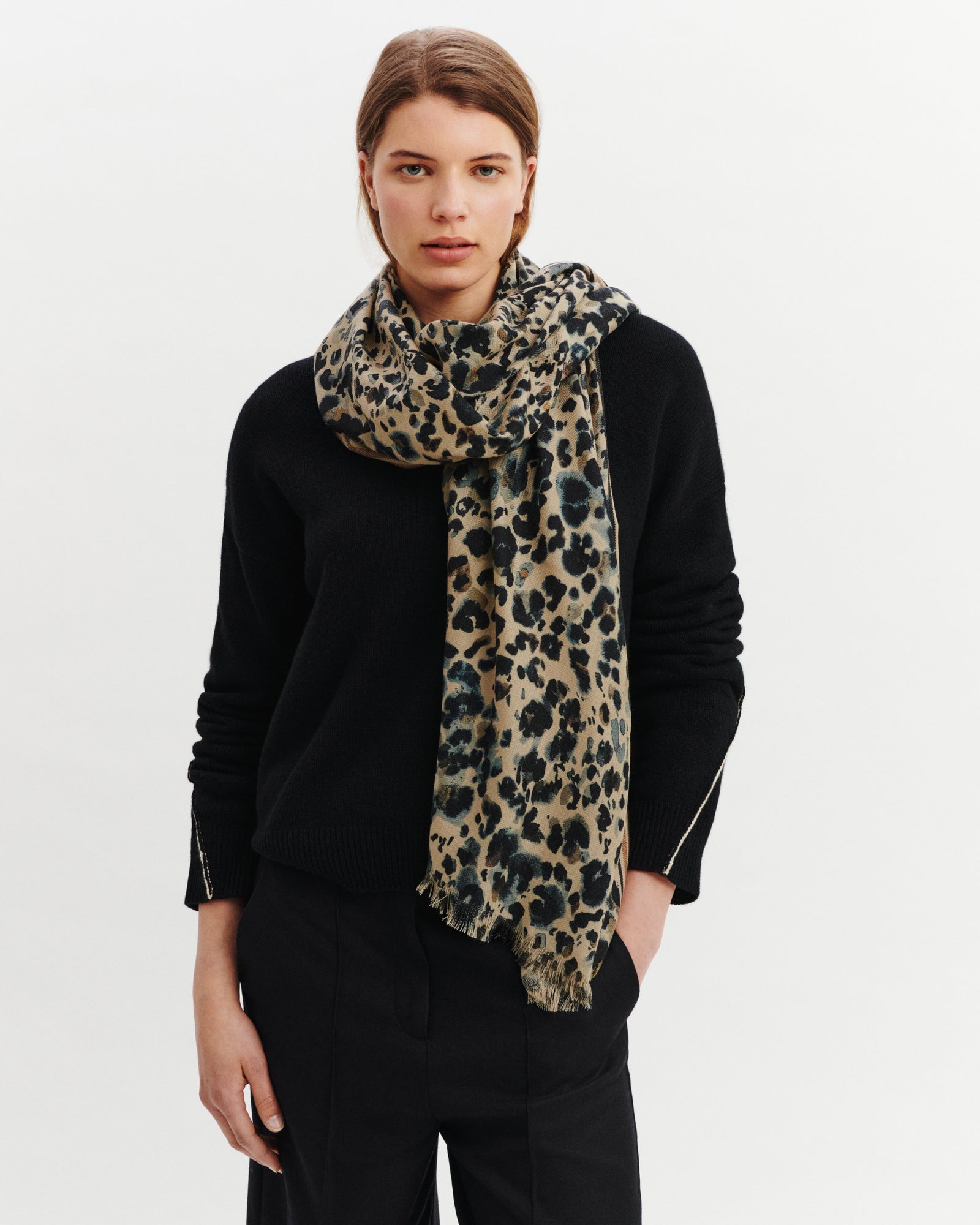Étole imprimée-BEIGE CENDRE-100% cachemire