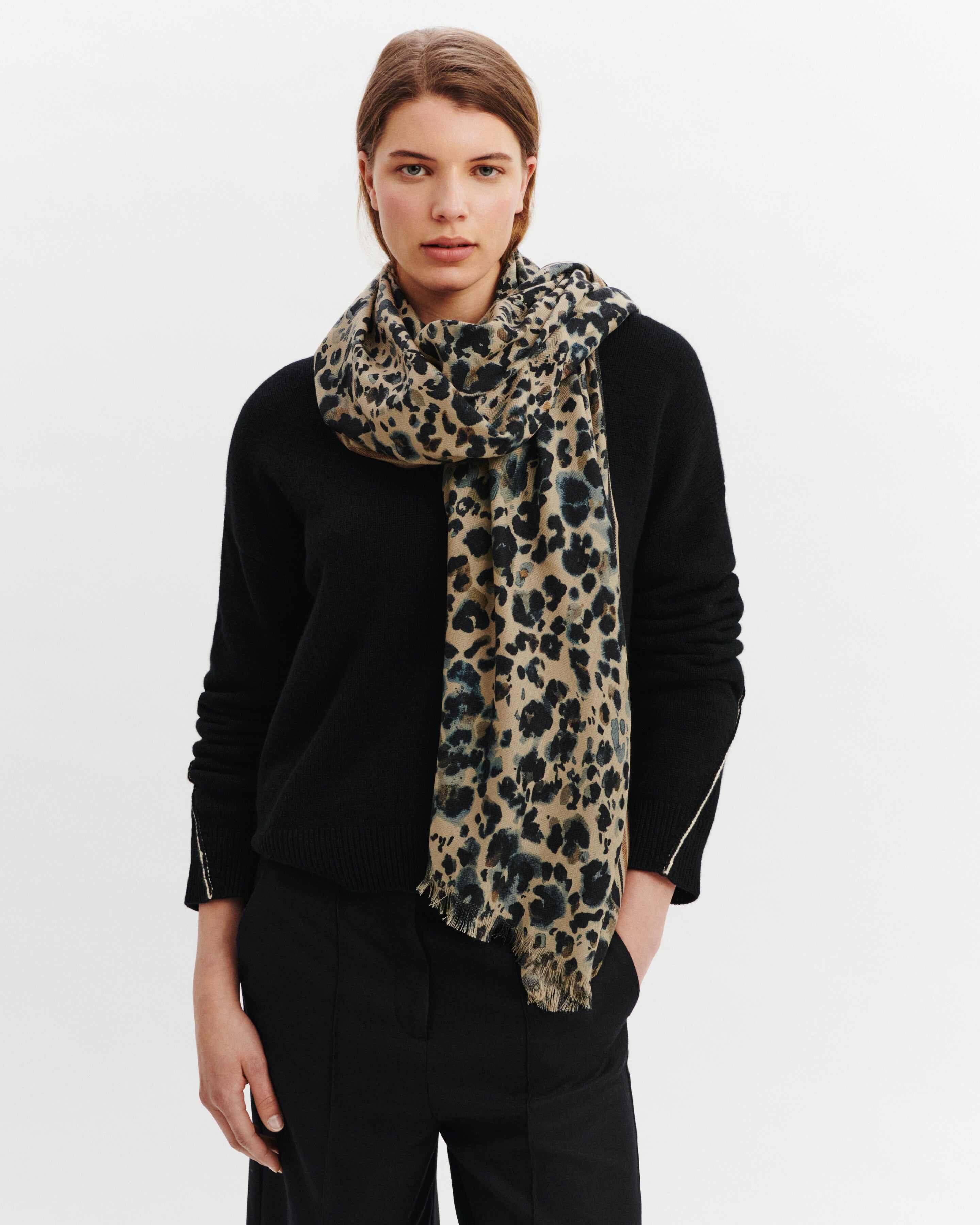 Étole imprimée-BEIGE CENDRE-100% cachemire