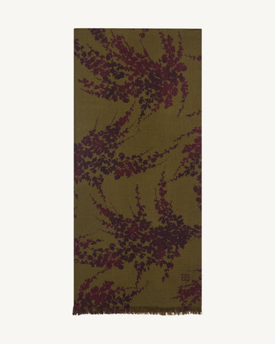 Étole imprimée-OLIVE/GRENAT-100% cachemire