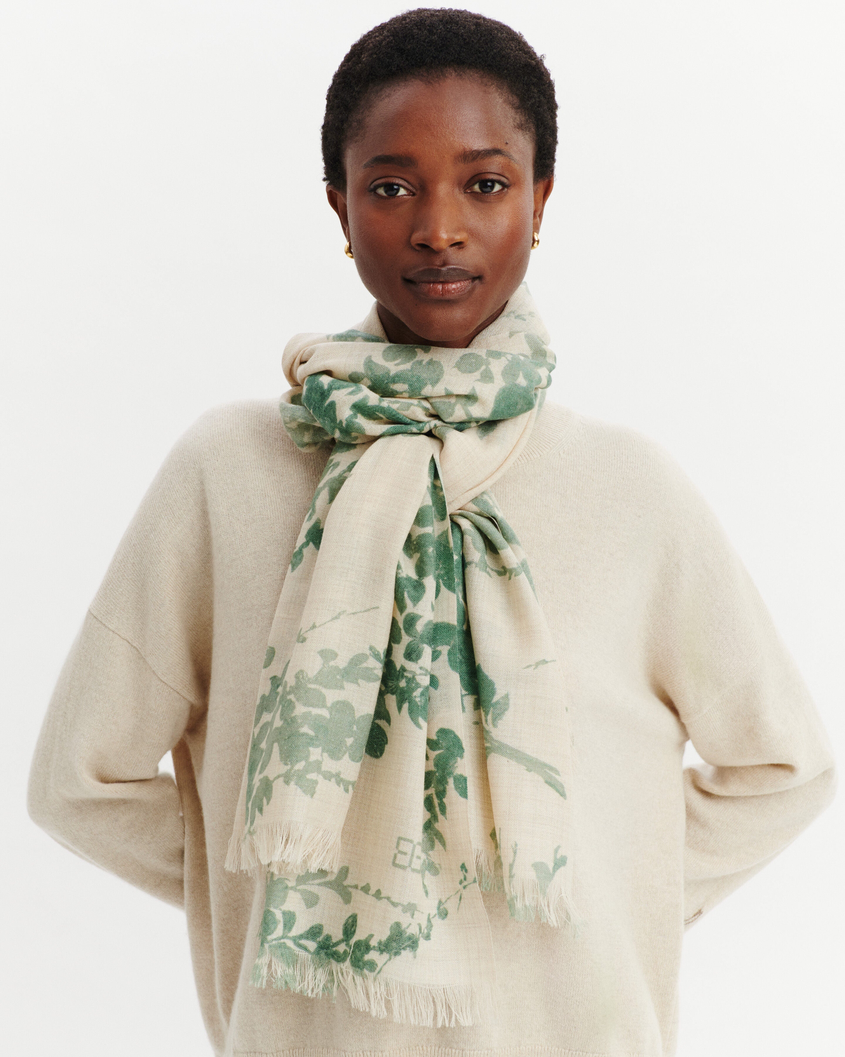 Étole imprimée-AVOINE/VERT DE GRIS-100% cachemire