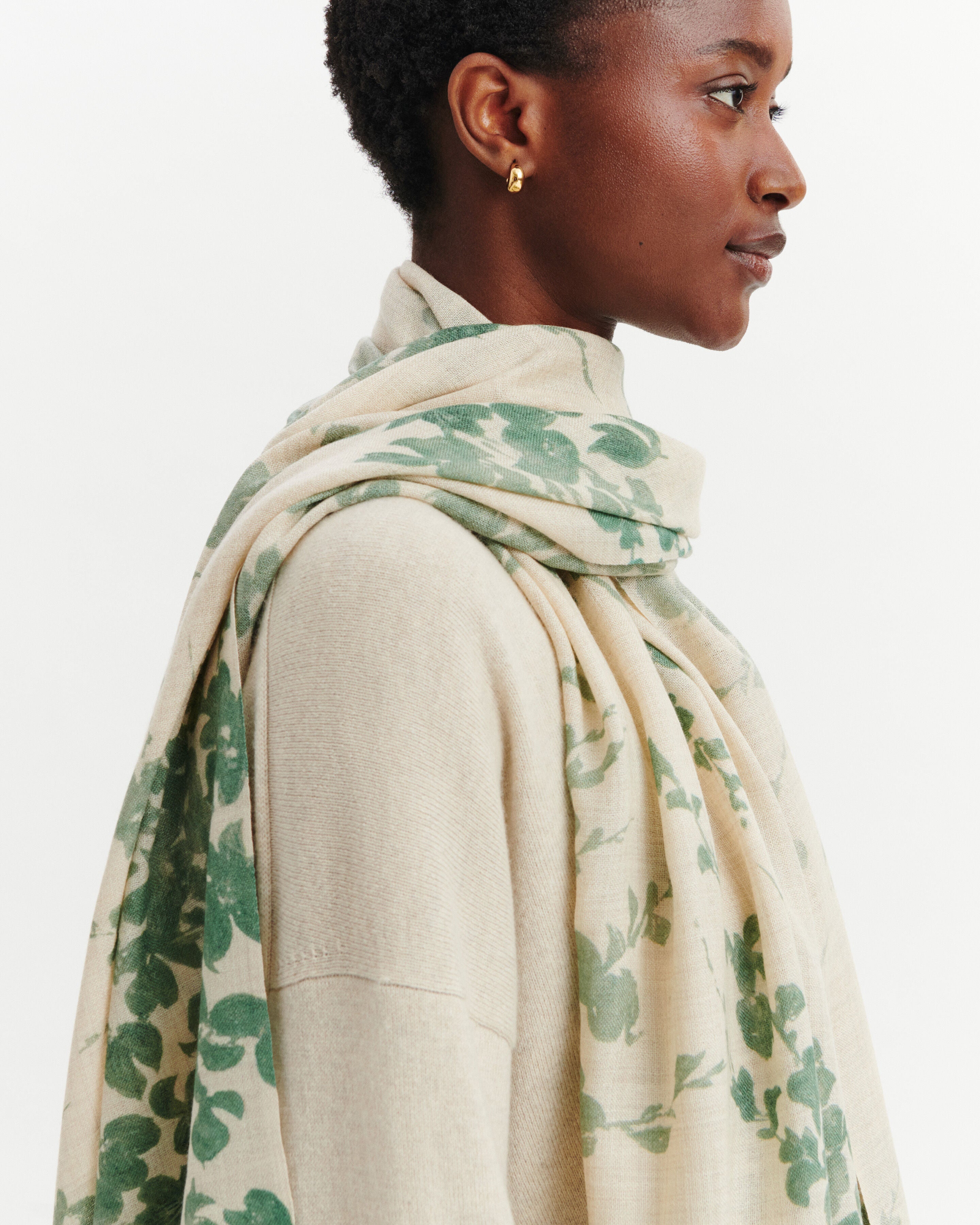 Étole imprimée-AVOINE/VERT DE GRIS-100% cachemire