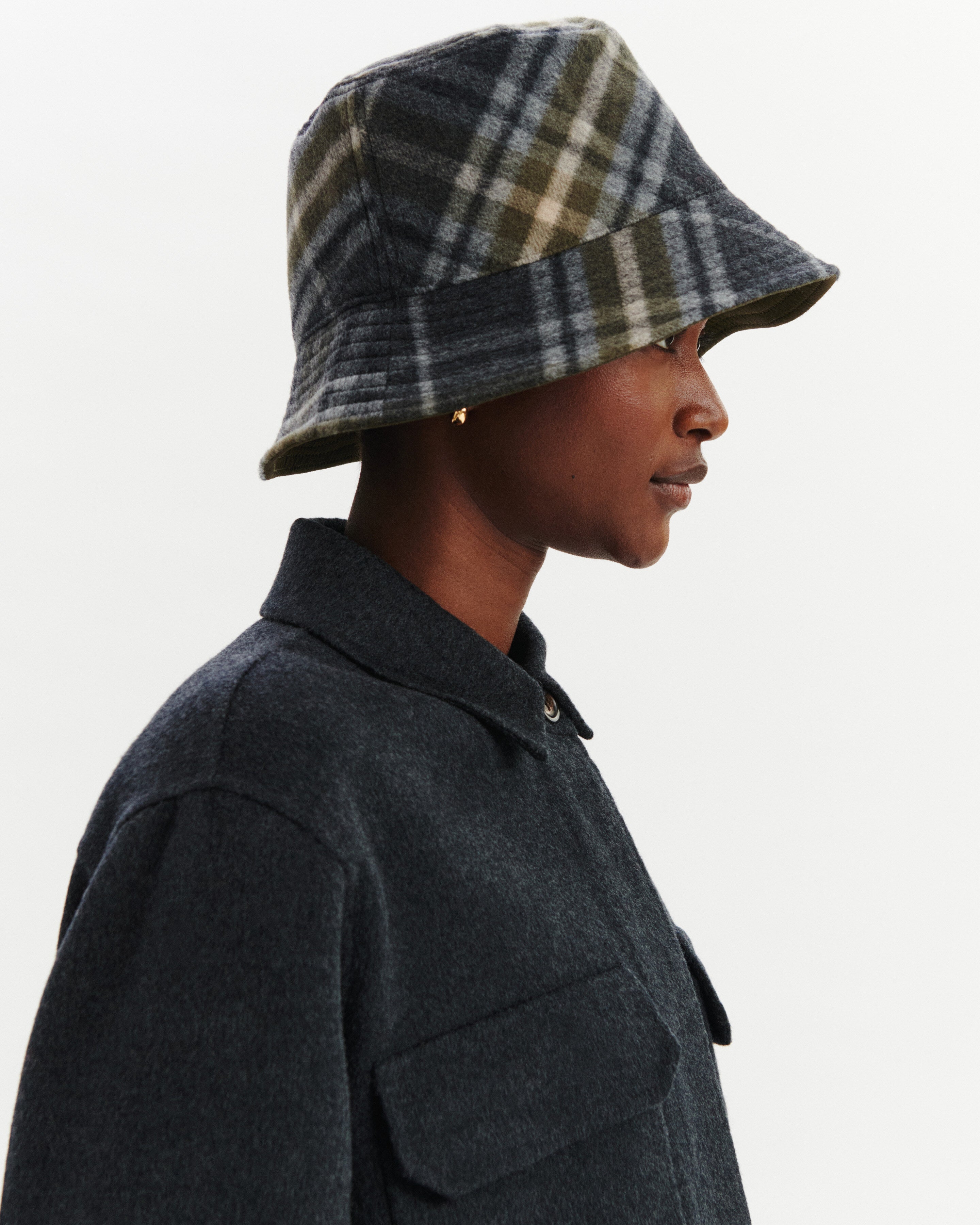 Bob tartan réversible-CHARBON/OLIVE-90% laine 10% cachemire