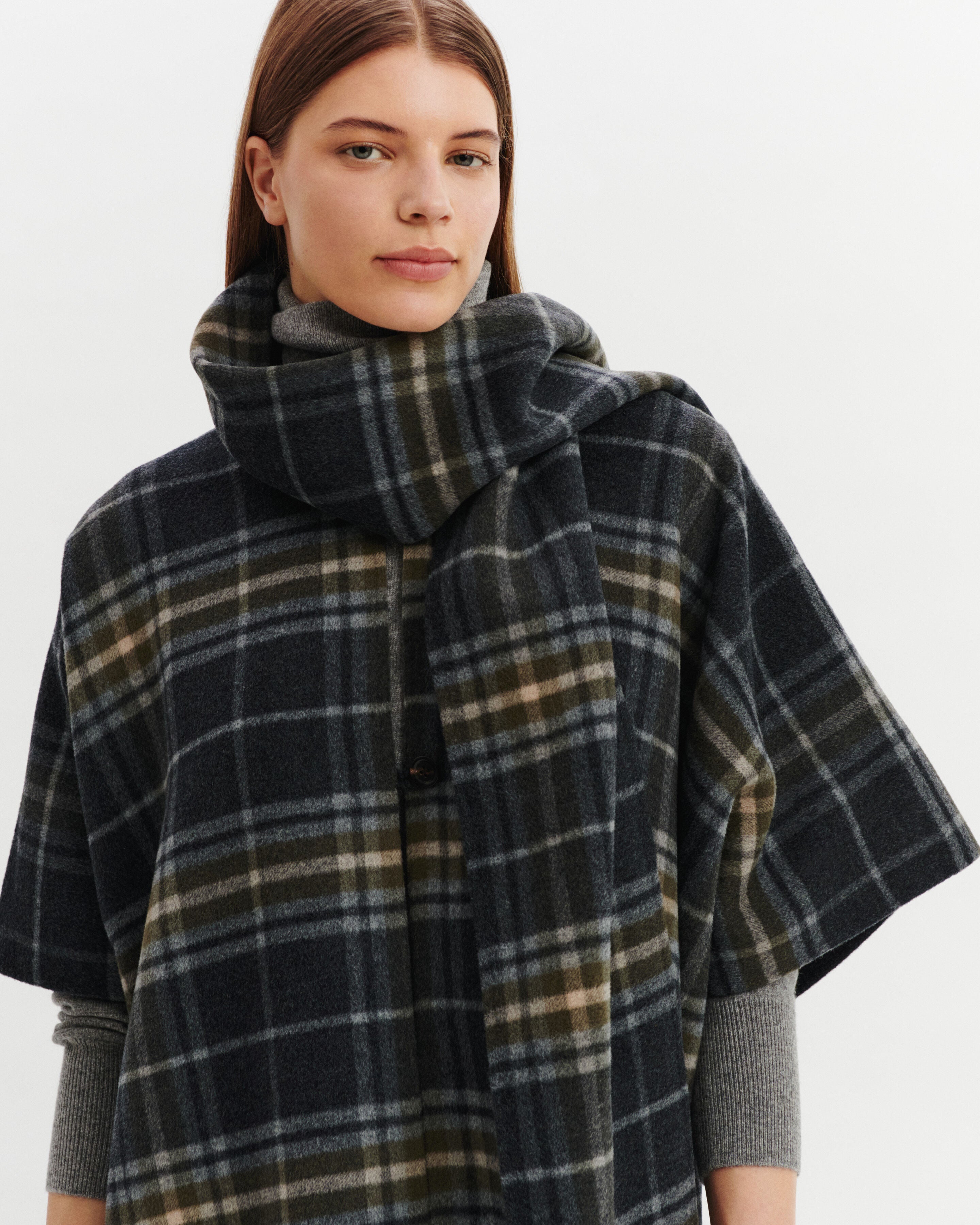 Cape tartan-CHARBON/OLIVE-90% laine 10% cachemire