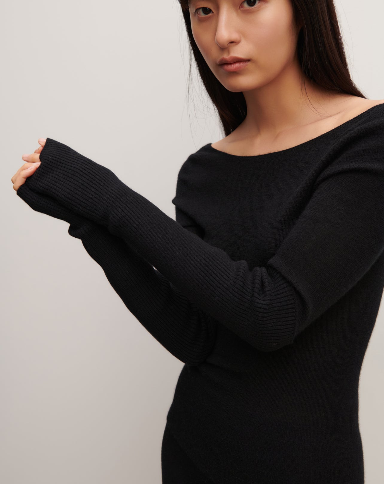 Mitaines longues à côtes-NOIR-100% cachemire