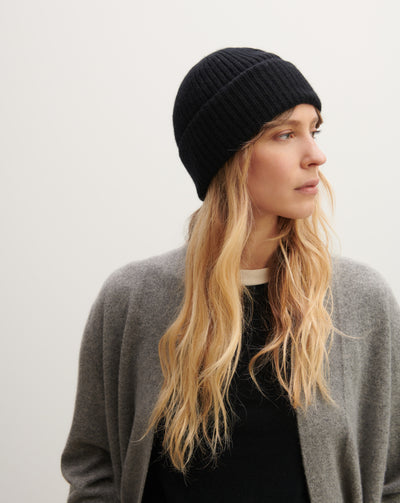 Bonnet à côtes-NOIR-100% cachemire