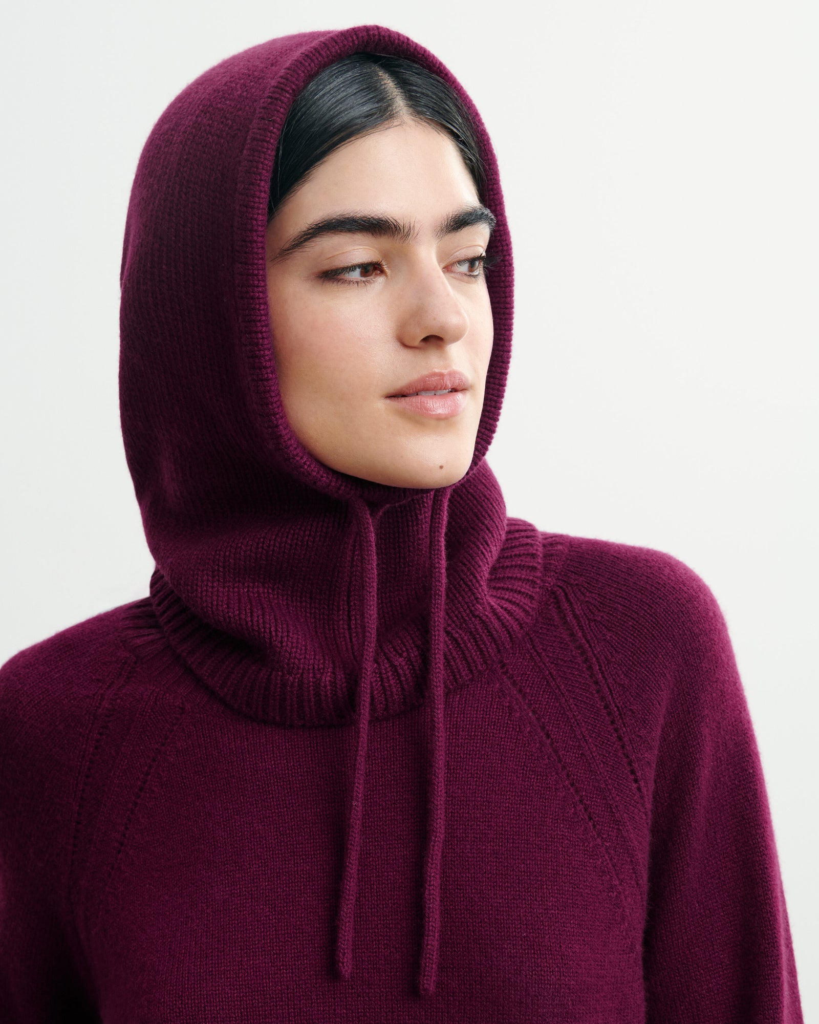 Cagoule à cordons-PRUNE DAMAS-100% cachemire